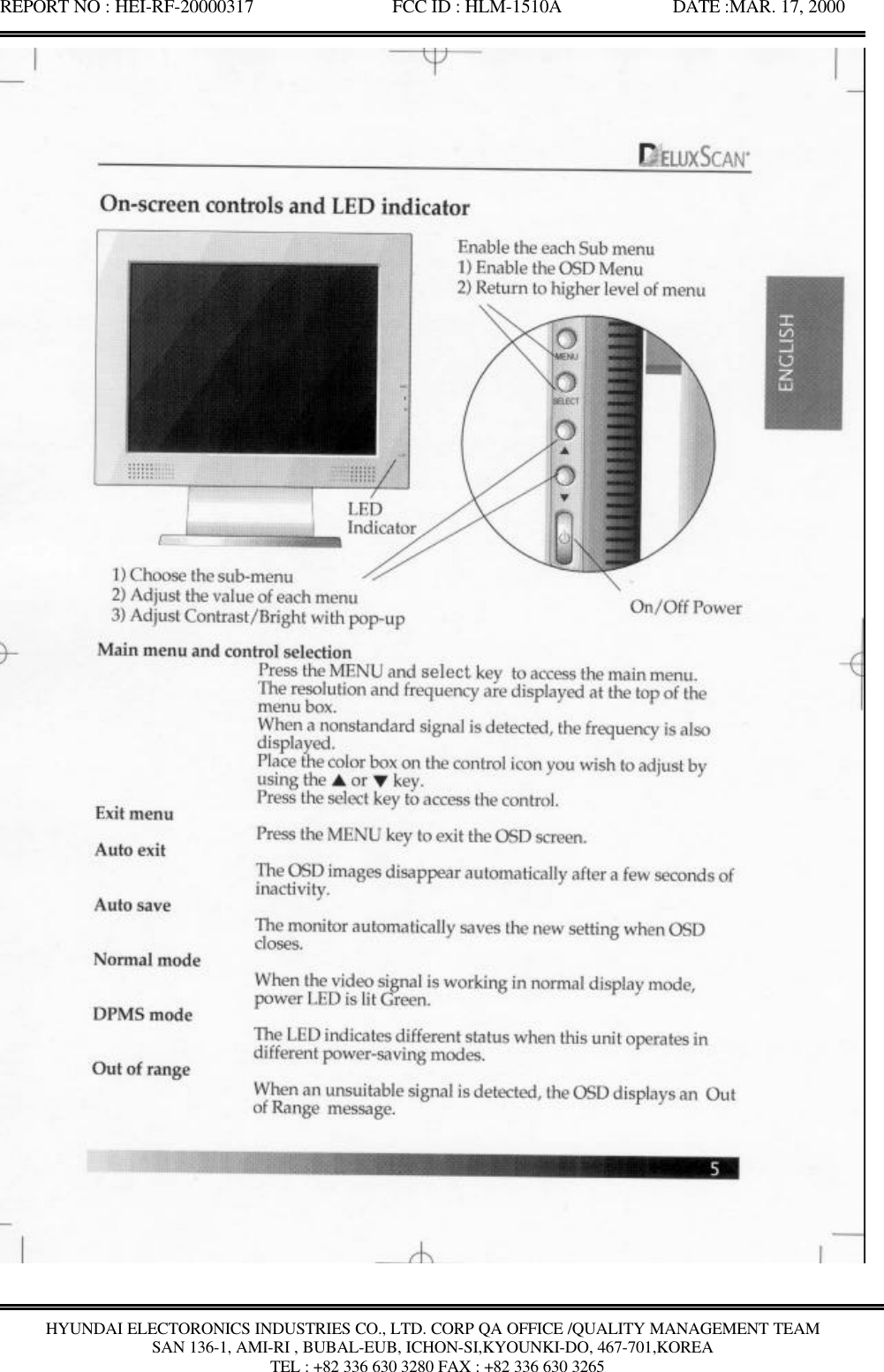 REPORT NO : HEI-RF-20000317               FCC ID : HLM-1510A            DATE :MAR. 17, 2000HYUNDAI ELECTORONICS INDUSTRIES CO., LTD. CORP QA OFFICE /QUALITY MANAGEMENT TEAMSAN 136-1, AMI-RI , BUBAL-EUB, ICHON-SI,KYOUNKI-DO, 467-701,KOREA TEL : +82 336 630 3280 FAX : +82 336 630 3265