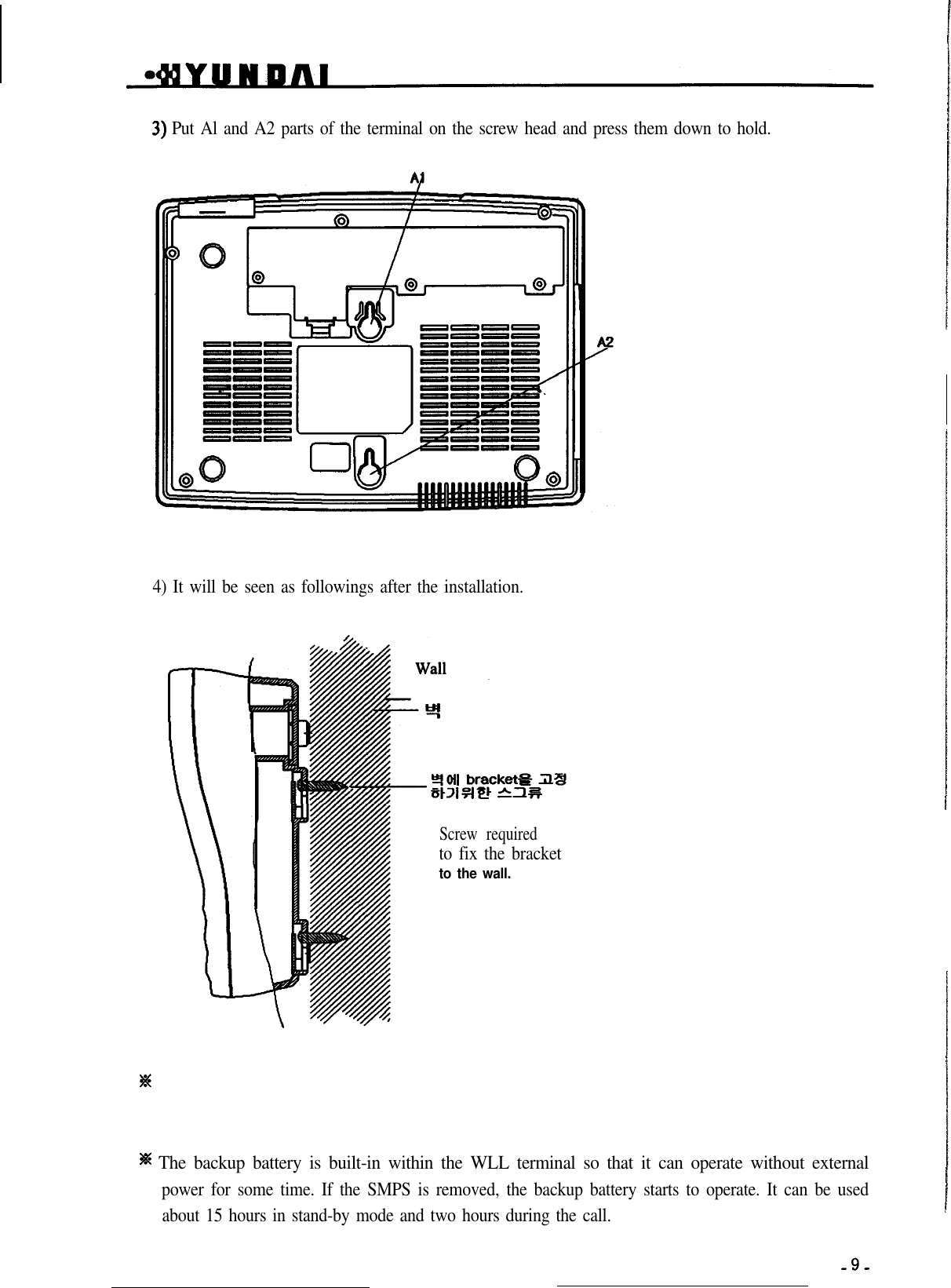 3) Put Al and A2 parts of the terminal on the screw head and press them down to hold.4) It will be seen as followings after the installation.Screw requiredto fix the bracketto the wall.)Bt The backup battery is built-in within the WLL terminal so that it can operate without externalpower for some time. If the SMPS is removed, the backup battery starts to operate. It can be usedabout 15 hours in stand-by mode and two hours during the call.-9-