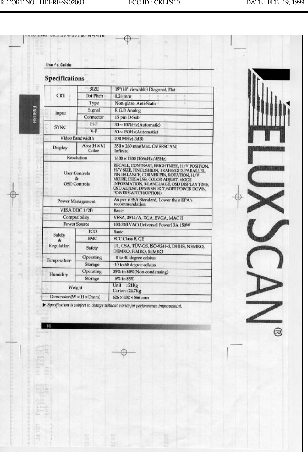 REPORT NO : HEI-RF-9902003              FCC ID : CKLP910                     DATE : FEB. 19, 1999