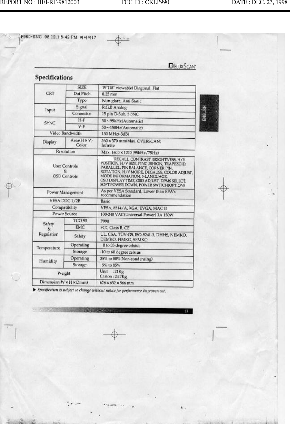 REPORT NO : HEI-RF-9812003              FCC ID : CKLP990                     DATE : DEC. 23, 1998