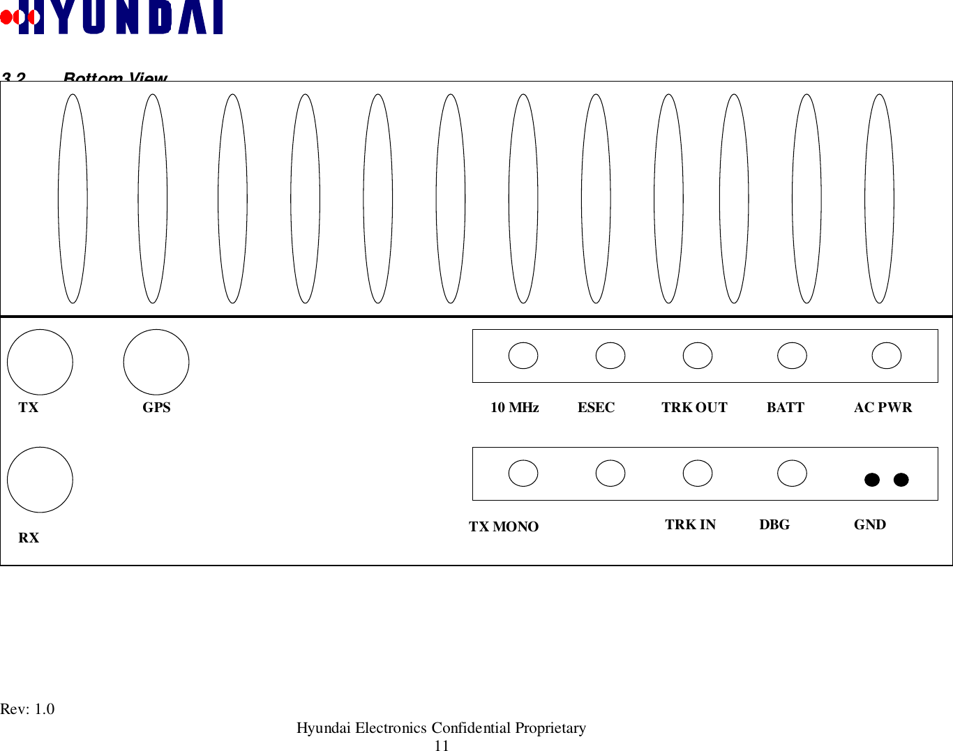 Rev: 1.0                                                                               Hyundai Electronics Confidential Proprietary113.2 Bottom ViewFigure 3.2-1RXGPSTX 10 MHz ESEC  TRK OUT BATT AC PWRTRK IN  TX MONO DBG GND