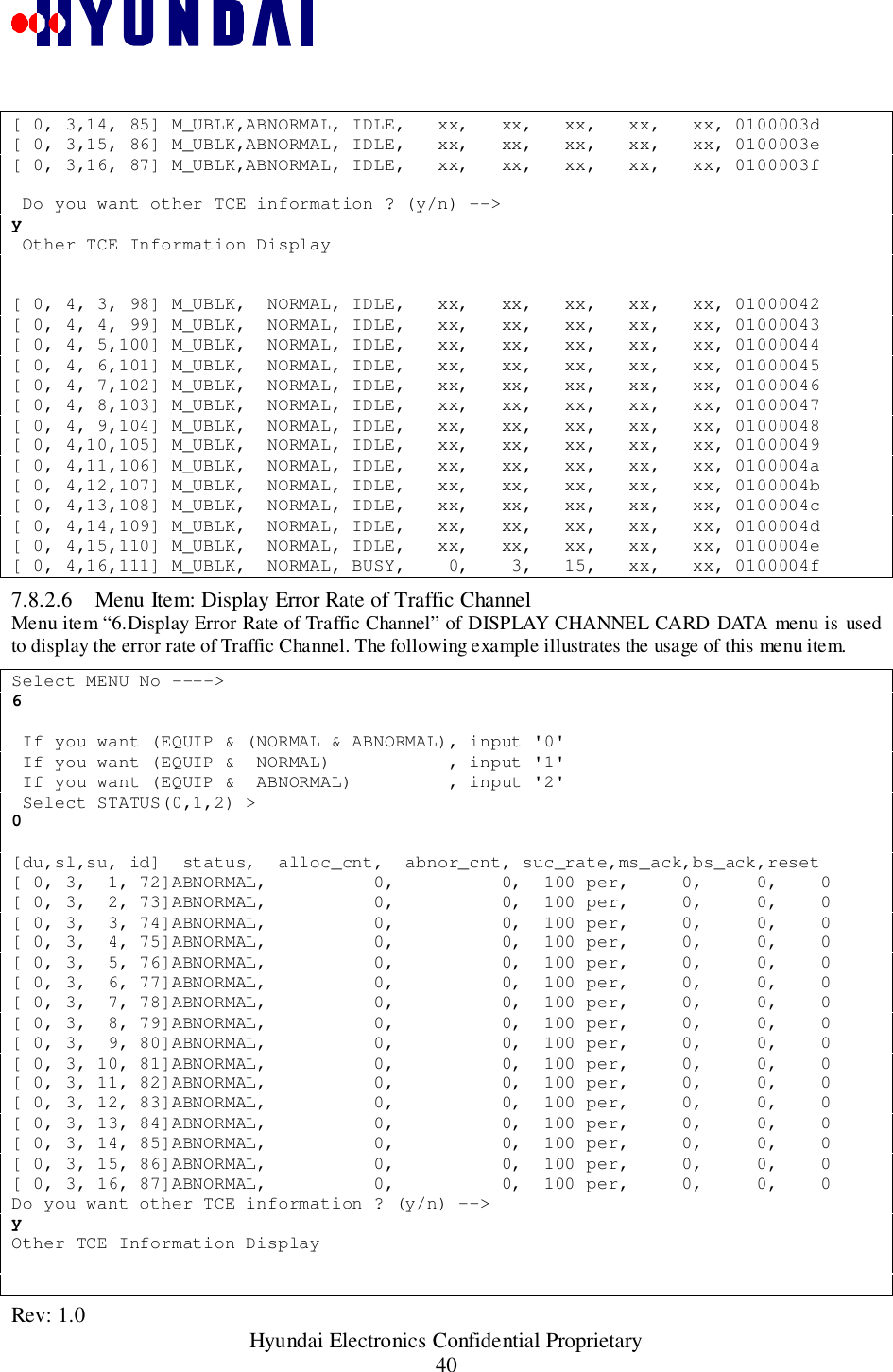 Rev: 1.0                                                 Hyundai Electronics Confidential Proprietary40[ 0, 3,14, 85] M_UBLK,ABNORMAL, IDLE,   xx,   xx,   xx,   xx,   xx, 0100003d[ 0, 3,15, 86] M_UBLK,ABNORMAL, IDLE,   xx,   xx,   xx,   xx,   xx, 0100003e[ 0, 3,16, 87] M_UBLK,ABNORMAL, IDLE,   xx,   xx,   xx,   xx,   xx, 0100003f Do you want other TCE information ? (y/n) --&gt;y Other TCE Information Display[ 0, 4, 3, 98] M_UBLK,  NORMAL, IDLE,   xx,   xx,   xx,   xx,   xx, 01000042[ 0, 4, 4, 99] M_UBLK,  NORMAL, IDLE,   xx,   xx,   xx,   xx,   xx, 01000043[ 0, 4, 5,100] M_UBLK,  NORMAL, IDLE,   xx,   xx,   xx,   xx,   xx, 01000044[ 0, 4, 6,101] M_UBLK,  NORMAL, IDLE,   xx,   xx,   xx,   xx,   xx, 01000045[ 0, 4, 7,102] M_UBLK,  NORMAL, IDLE,   xx,   xx,   xx,   xx,   xx, 01000046[ 0, 4, 8,103] M_UBLK,  NORMAL, IDLE,   xx,   xx,   xx,   xx,   xx, 01000047[ 0, 4, 9,104] M_UBLK,  NORMAL, IDLE,   xx,   xx,   xx,   xx,   xx, 01000048[ 0, 4,10,105] M_UBLK,  NORMAL, IDLE,   xx,   xx,   xx,   xx,   xx, 01000049[ 0, 4,11,106] M_UBLK,  NORMAL, IDLE,   xx,   xx,   xx,   xx,   xx, 0100004a[ 0, 4,12,107] M_UBLK,  NORMAL, IDLE,   xx,   xx,   xx,   xx,   xx, 0100004b[ 0, 4,13,108] M_UBLK,  NORMAL, IDLE,   xx,   xx,   xx,   xx,   xx, 0100004c[ 0, 4,14,109] M_UBLK,  NORMAL, IDLE,   xx,   xx,   xx,   xx,   xx, 0100004d[ 0, 4,15,110] M_UBLK,  NORMAL, IDLE,   xx,   xx,   xx,   xx,   xx, 0100004e[ 0, 4,16,111] M_UBLK,  NORMAL, BUSY,    0,    3,   15,   xx,   xx, 0100004f7.8.2.6 Menu Item: Display Error Rate of Traffic ChannelMenu item “6.Display Error Rate of Traffic Channel” of DISPLAY CHANNEL CARD DATA menu is usedto display the error rate of Traffic Channel. The following example illustrates the usage of this menu item.Select MENU No ----&gt;6 If you want (EQUIP &amp; (NORMAL &amp; ABNORMAL), input &apos;0&apos; If you want (EQUIP &amp;  NORMAL)           , input &apos;1&apos; If you want (EQUIP &amp;  ABNORMAL)         , input &apos;2&apos; Select STATUS(0,1,2) &gt;0[du,sl,su, id]  status,  alloc_cnt,  abnor_cnt, suc_rate,ms_ack,bs_ack,reset[ 0, 3,  1, 72]ABNORMAL,          0,          0,  100 per,     0,     0,    0[ 0, 3,  2, 73]ABNORMAL,          0,          0,  100 per,     0,     0,    0[ 0, 3,  3, 74]ABNORMAL,          0,          0,  100 per,     0,     0,    0[ 0, 3,  4, 75]ABNORMAL,          0,          0,  100 per,     0,     0,    0[ 0, 3,  5, 76]ABNORMAL,          0,          0,  100 per,     0,     0,    0[ 0, 3,  6, 77]ABNORMAL,          0,          0,  100 per,     0,     0,    0[ 0, 3,  7, 78]ABNORMAL,          0,          0,  100 per,     0,     0,    0[ 0, 3,  8, 79]ABNORMAL,          0,          0,  100 per,     0,     0,    0[ 0, 3,  9, 80]ABNORMAL,          0,          0,  100 per,     0,     0,    0[ 0, 3, 10, 81]ABNORMAL,          0,          0,  100 per,     0,     0,    0[ 0, 3, 11, 82]ABNORMAL,          0,          0,  100 per,     0,     0,    0[ 0, 3, 12, 83]ABNORMAL,          0,          0,  100 per,     0,     0,    0[ 0, 3, 13, 84]ABNORMAL,          0,          0,  100 per,     0,     0,    0[ 0, 3, 14, 85]ABNORMAL,          0,          0,  100 per,     0,     0,    0[ 0, 3, 15, 86]ABNORMAL,          0,          0,  100 per,     0,     0,    0[ 0, 3, 16, 87]ABNORMAL,          0,          0,  100 per,     0,     0,    0Do you want other TCE information ? (y/n) --&gt;yOther TCE Information Display