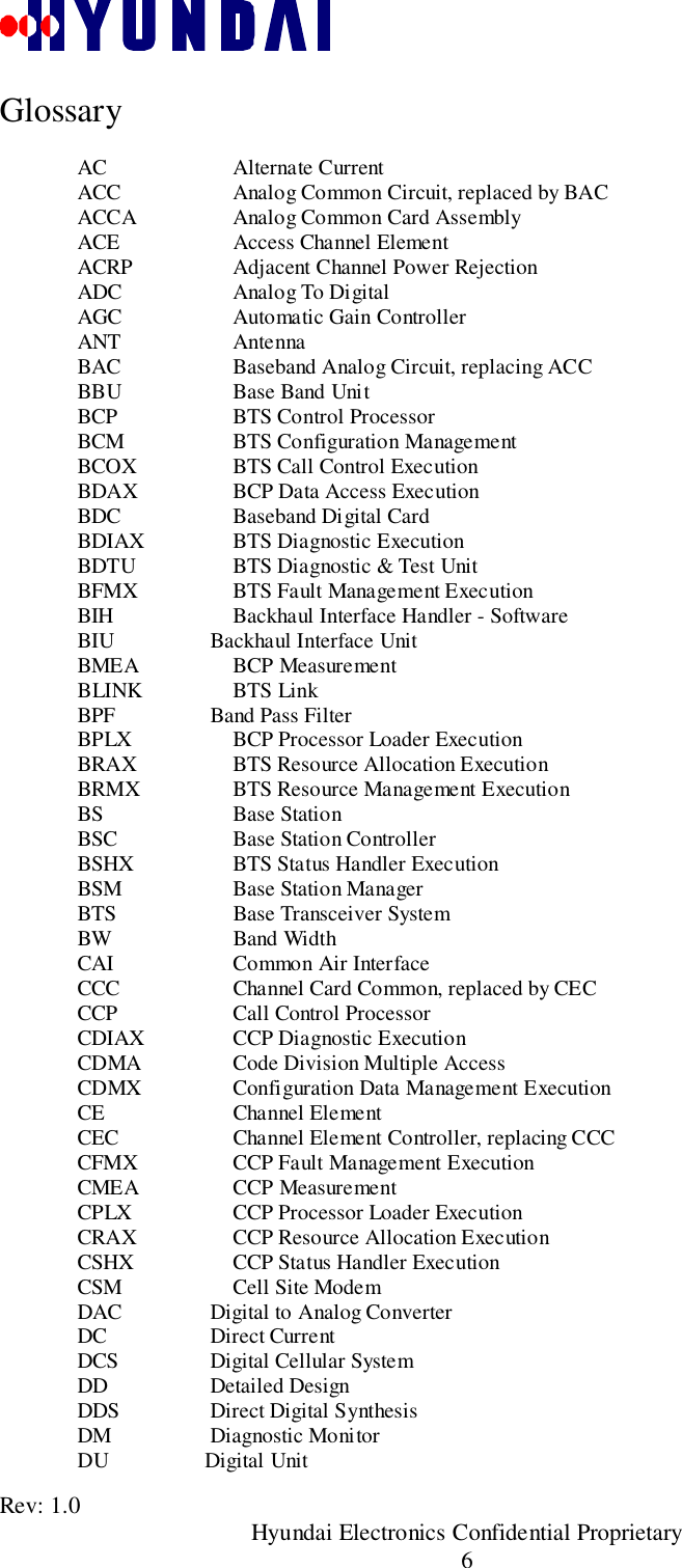 Rev: 1.0                                               Hyundai Electronics Confidential Proprietary6GlossaryAC Alternate CurrentACC Analog Common Circuit, replaced by BACACCA Analog Common Card AssemblyACE Access Channel ElementACRP Adjacent Channel Power RejectionADC Analog To DigitalAGC Automatic Gain ControllerANT AntennaBAC Baseband Analog Circuit, replacing ACCBBU Base Band UnitBCP BTS Control ProcessorBCM BTS Configuration ManagementBCOX BTS Call Control ExecutionBDAX BCP Data Access ExecutionBDC Baseband Digital CardBDIAX BTS Diagnostic ExecutionBDTU BTS Diagnostic &amp; Test UnitBFMX BTS Fault Management ExecutionBIH Backhaul Interface Handler - SoftwareBIU      Backhaul Interface UnitBMEA BCP MeasurementBLINK BTS LinkBPF      Band Pass FilterBPLX BCP Processor Loader ExecutionBRAX BTS Resource Allocation ExecutionBRMX BTS Resource Management ExecutionBS Base StationBSC Base Station ControllerBSHX BTS Status Handler ExecutionBSM Base Station ManagerBTS Base Transceiver SystemBW Band WidthCAI Common Air InterfaceCCC Channel Card Common, replaced by CECCCP Call Control ProcessorCDIAX CCP Diagnostic ExecutionCDMA Code Division Multiple AccessCDMX Configuration Data Management ExecutionCE Channel ElementCEC Channel Element Controller, replacing CCCCFMX CCP Fault Management ExecutionCMEA CCP MeasurementCPLX CCP Processor Loader ExecutionCRAX CCP Resource Allocation ExecutionCSHX CCP Status Handler ExecutionCSM Cell Site ModemDAC      Digital to Analog ConverterDC      Direct CurrentDCS      Digital Cellular SystemDD      Detailed DesignDDS      Direct Digital SynthesisDM      Diagnostic MonitorDU     Digital Unit