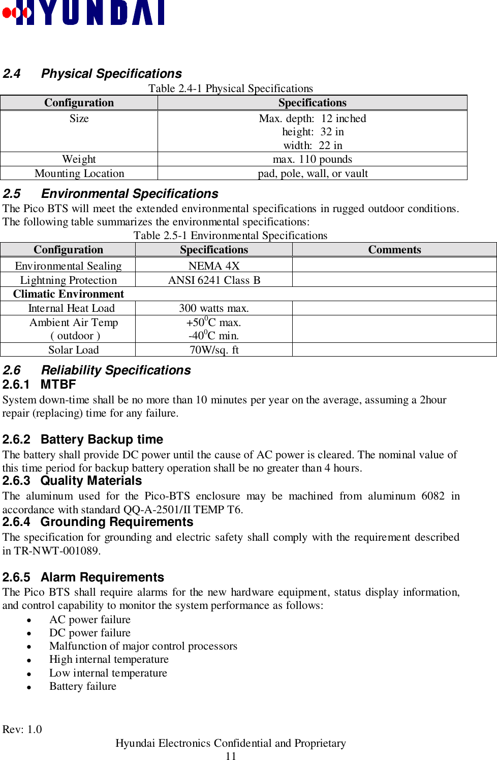 Rev: 1.0                                           Hyundai Electronics Confidential and Proprietary112.4 Physical SpecificationsTable 2.4-1 Physical SpecificationsConfiguration SpecificationsSize Max. depth:  12 inchedheight:  32 inwidth:  22 inWeight max. 110 poundsMounting Location pad, pole, wall, or vault2.5 Environmental SpecificationsThe Pico BTS will meet the extended environmental specifications in rugged outdoor conditions.The following table summarizes the environmental specifications:Table 2.5-1 Environmental SpecificationsConfiguration Specifications CommentsEnvironmental Sealing NEMA 4XLightning Protection ANSI 6241 Class BClimatic Environment  Internal Heat Load 300 watts max.Ambient Air Temp ( outdoor ) +500C max.-400C min.Solar Load 70W/sq. ft2.6 Reliability Specifications2.6.1 MTBF System down-time shall be no more than 10 minutes per year on the average, assuming a 2hourrepair (replacing) time for any failure. 2.6.2  Battery Backup time The battery shall provide DC power until the cause of AC power is cleared. The nominal value ofthis time period for backup battery operation shall be no greater than 4 hours.2.6.3 Quality MaterialsThe aluminum used for the Pico-BTS enclosure may be machined from aluminum 6082 inaccordance with standard QQ-A-2501/II TEMP T6.2.6.4 Grounding Requirements The specification for grounding and electric safety shall comply with the requirement describedin TR-NWT-001089. 2.6.5 Alarm RequirementsThe Pico BTS shall require alarms for the new hardware equipment, status display information,and control capability to monitor the system performance as follows:&quot; AC power failure&quot; DC power failure&quot; Malfunction of major control processors&quot; High internal temperature&quot; Low internal temperature&quot; Battery failure