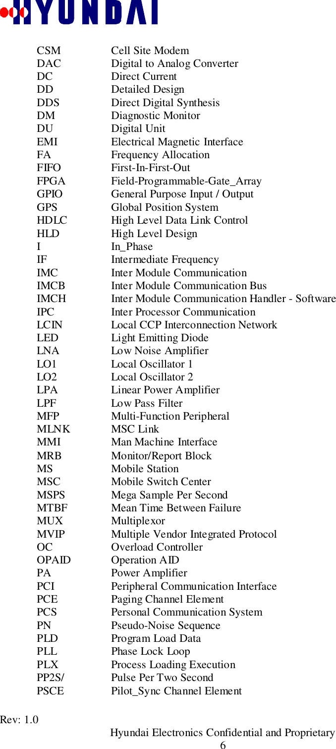 Rev: 1.0                                       Hyundai Electronics Confidential and Proprietary6CSM Cell Site ModemDAC Digital to Analog ConverterDC Direct CurrentDD Detailed DesignDDS Direct Digital SynthesisDM Diagnostic MonitorDU Digital UnitEMI Electrical Magnetic InterfaceFA Frequency AllocationFIFO First-In-First-OutFPGA Field-Programmable-Gate_ArrayGPIO General Purpose Input / OutputGPS Global Position SystemHDLC High Level Data Link ControlHLD High Level DesignIIn_PhaseIF Intermediate FrequencyIMC Inter Module CommunicationIMCB Inter Module Communication BusIMCH Inter Module Communication Handler - SoftwareIPC Inter Processor CommunicationLCIN Local CCP Interconnection NetworkLED Light Emitting DiodeLNA Low Noise AmplifierLO1 Local Oscillator 1LO2 Local Oscillator 2LPA Linear Power AmplifierLPF Low Pass FilterMFP Multi-Function PeripheralMLNK MSC LinkMMI Man Machine InterfaceMRB Monitor/Report BlockMS Mobile StationMSC Mobile Switch CenterMSPS Mega Sample Per SecondMTBF Mean Time Between FailureMUX MultiplexorMVIP Multiple Vendor Integrated ProtocolOC Overload ControllerOPAID Operation AIDPA Power AmplifierPCI Peripheral Communication InterfacePCE Paging Channel ElementPCS Personal Communication SystemPN Pseudo-Noise SequencePLD Program Load DataPLL Phase Lock LoopPLX Process Loading ExecutionPP2S/ Pulse Per Two SecondPSCE Pilot_Sync Channel Element