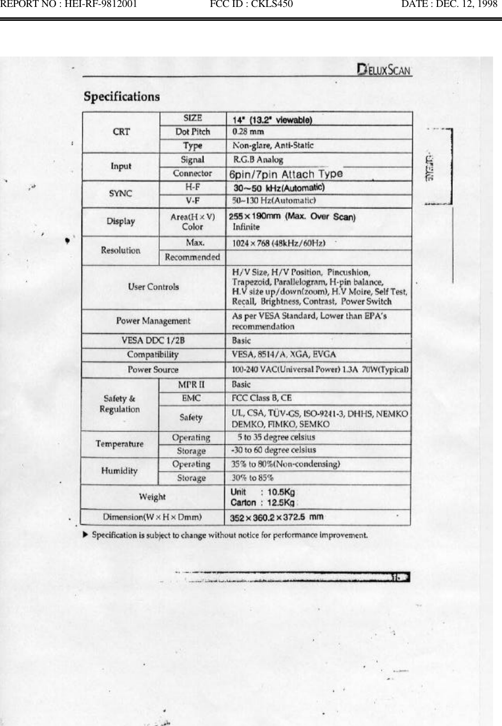 REPORT NO : HEI-RF-9812001              FCC ID : CKLS450                     DATE : DEC. 12, 1998