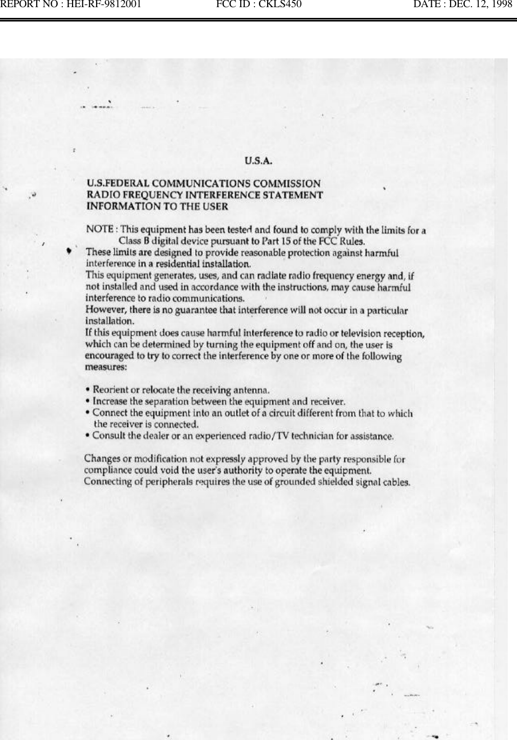 REPORT NO : HEI-RF-9812001              FCC ID : CKLS450                     DATE : DEC. 12, 1998