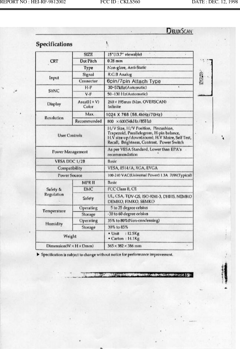 REPORT NO : HEI-RF-9812002              FCC ID : CKLS560                     DATE : DEC. 12, 1998