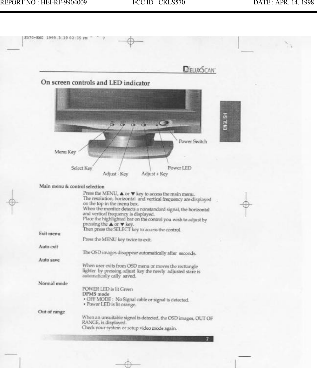 REPORT NO : HEI-RF-9904009              FCC ID : CKLS570                     DATE : APR. 14, 1998