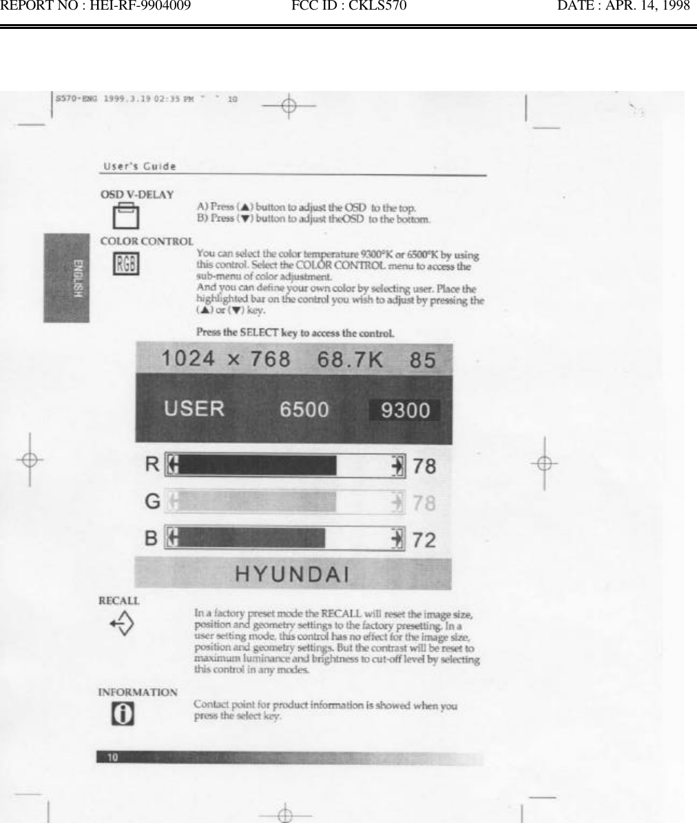 REPORT NO : HEI-RF-9904009              FCC ID : CKLS570                     DATE : APR. 14, 1998