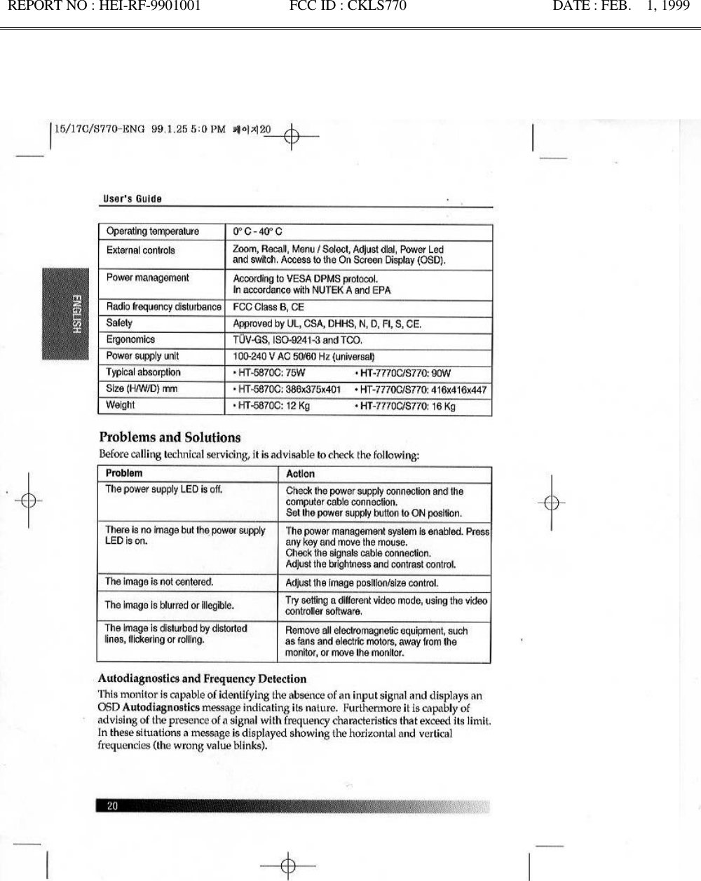  REPORT NO : HEI-RF-9901001            FCC ID : CKLS770                    DATE : FEB.  1, 1999                                                                                                  