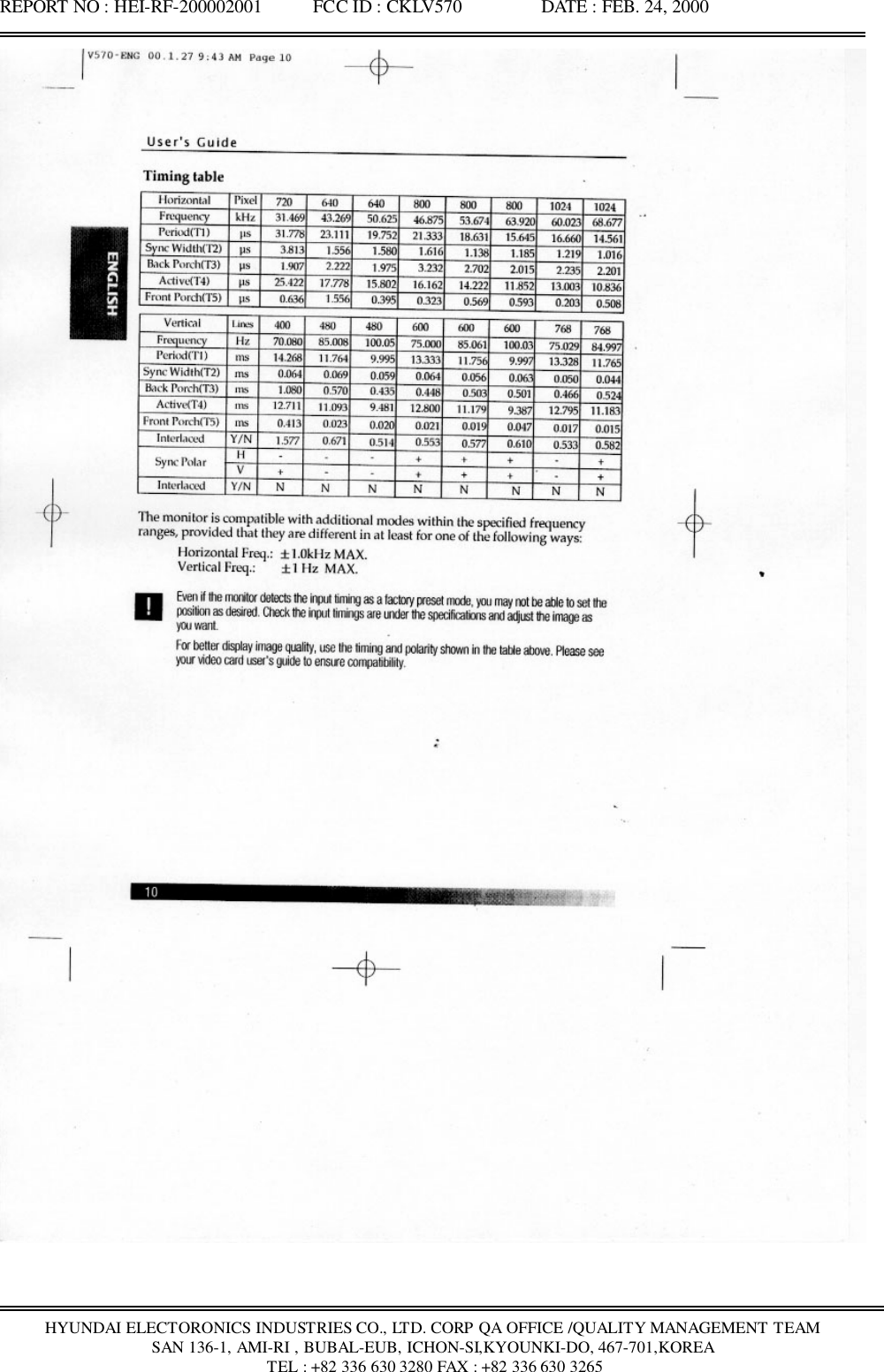 REPORT NO : HEI-RF-200002001           FCC ID : CKLV570                 DATE : FEB. 24, 2000HYUNDAI ELECTORONICS INDUSTRIES CO., LTD. CORP QA OFFICE /QUALITY MANAGEMENT TEAMSAN 136-1, AMI-RI , BUBAL-EUB, ICHON-SI,KYOUNKI-DO, 467-701,KOREA TEL : +82 336 630 3280 FAX : +82 336 630 3265