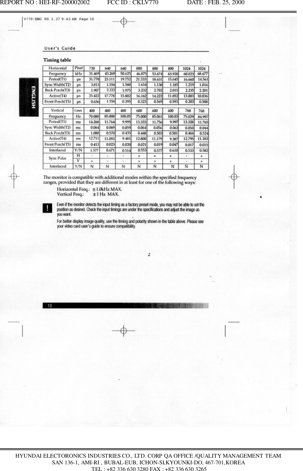 REPORT NO : HEI-RF-200002002           FCC ID : CKLV770                  DATE : FEB. 25, 2000HYUNDAI ELECTORONICS INDUSTRIES CO., LTD. CORP QA OFFICE /QUALITY MANAGEMENT TEAMSAN 136-1, AMI-RI , BUBAL-EUB, ICHON-SI,KYOUNKI-DO, 467-701,KOREA TEL : +82 336 630 3280 FAX : +82 336 630 3265