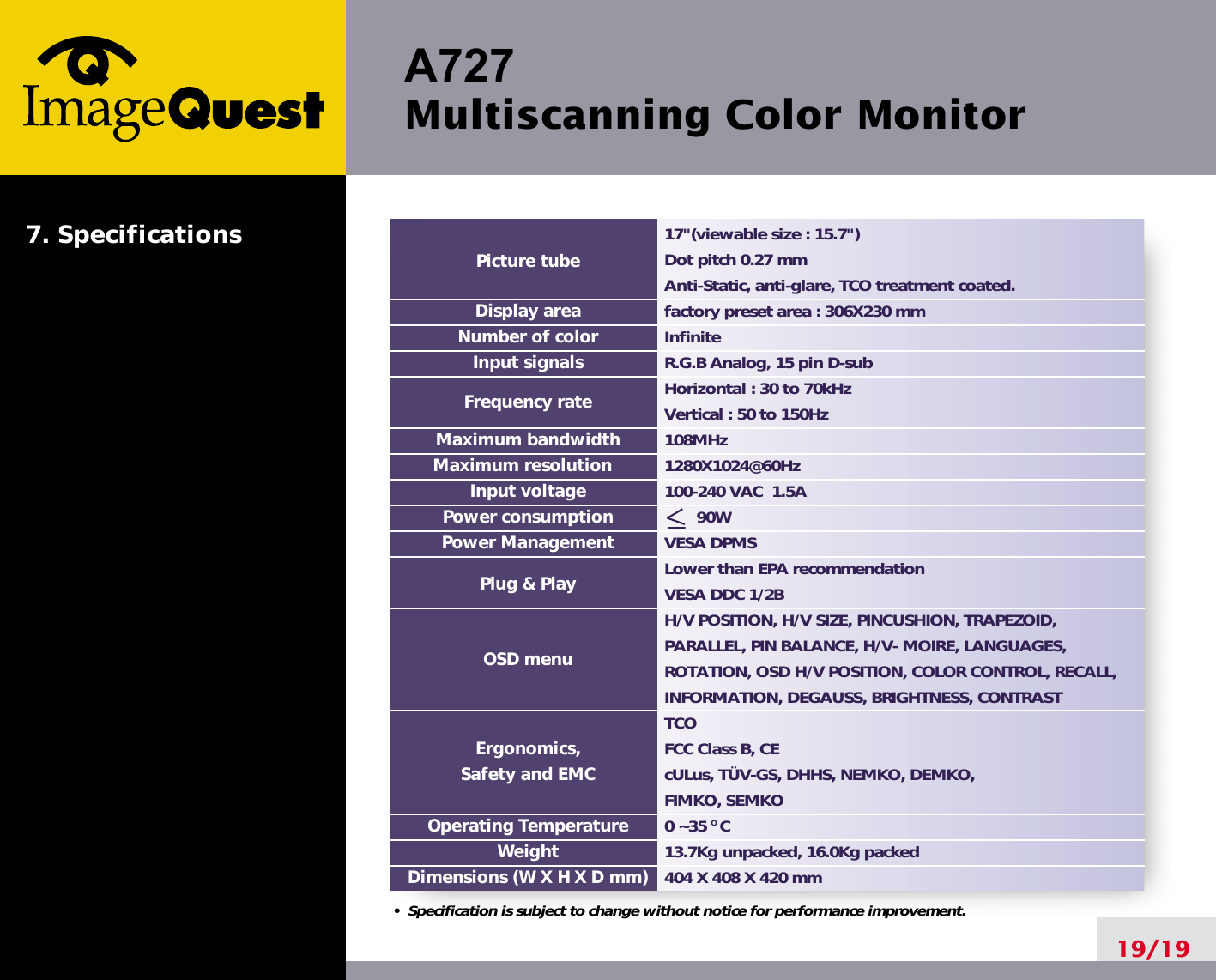 A727 Multiscanning Color Monitor19/1917&quot;(viewable size : 15.7&quot;)Dot pitch 0.27 mmAnti-Static, anti-glare, TCO treatment coated.factory preset area : 306X230 mm InfiniteR.G.B Analog, 15 pin D-subHorizontal : 30 to 70kHzVertical : 50 to 150Hz108MHz1280X1024@60Hz100-240 VAC  1.5A        90W VESA DPMSLower than EPA recommendationVESA DDC 1/2BH/V POSITION, H/V SIZE, PINCUSHION, TRAPEZOID,PARALLEL, PIN BALANCE, H/V- MOIRE, LANGUAGES,ROTATION, OSD H/V POSITION, COLOR CONTROL, RECALL,INFORMATION, DEGAUSS, BRIGHTNESS, CONTRASTTCOFCC Class B, CEcULus, TÜV-GS, DHHS, NEMKO, DEMKO,FIMKO, SEMKO0 ~35 O C13.7Kg unpacked, 16.0Kg packed404 X 408 X 420 mmPicture tubeDisplay areaNumber of colorInput signalsFrequency rateMaximum bandwidthMaximum resolutionInput voltagePower consumptionPower ManagementPlug &amp; PlayOSD menuErgonomics,Safety and EMCOperating TemperatureWeightDimensions (W X H X D mm)•  Specification is subject to change without notice for performance improvement.7. Specifications