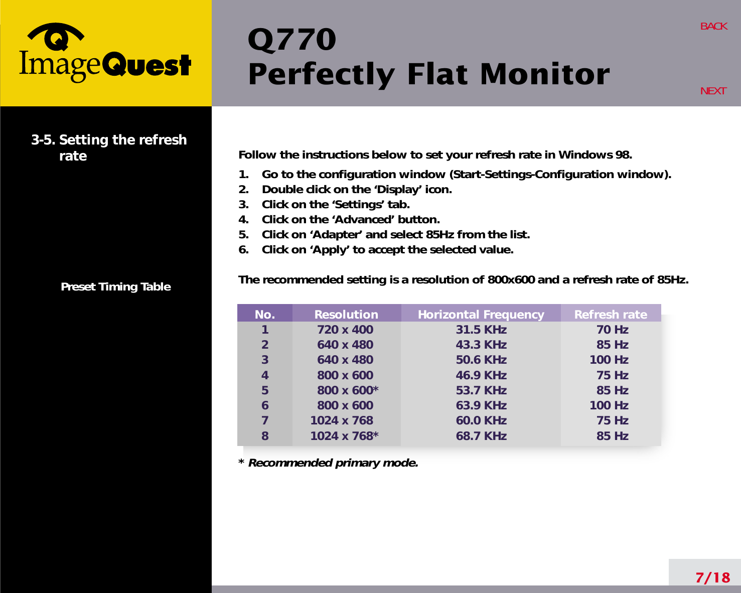 Q770Perfectly Flat Monitor7/18BACKNEXT3-5. Setting the refreshratePreset Timing TableFollow the instructions below to set your refresh rate in Windows 98.1.    Go to the configuration window (Start-Settings-Configuration window).2.    Double click on the ‘Display’ icon.3.    Click on the ‘Settings’ tab.4.    Click on the ‘Advanced’ button.5.    Click on ‘Adapter’ and select 85Hz from the list.6.    Click on ‘Apply’ to accept the selected value.The recommended setting is a resolution of 800x600 and a refresh rate of 85Hz.No.12345678Resolution720 x 400640 x 480640 x 480800 x 600800 x 600*800 x 6001024 x 7681024 x 768*Refresh rate70 Hz85 Hz100 Hz75 Hz85 Hz100 Hz75 Hz85 HzHorizontal Frequency31.5 KHz43.3 KHz50.6 KHz46.9 KHz53.7 KHz63.9 KHz60.0 KHz68.7 KHz* Recommended primary mode.