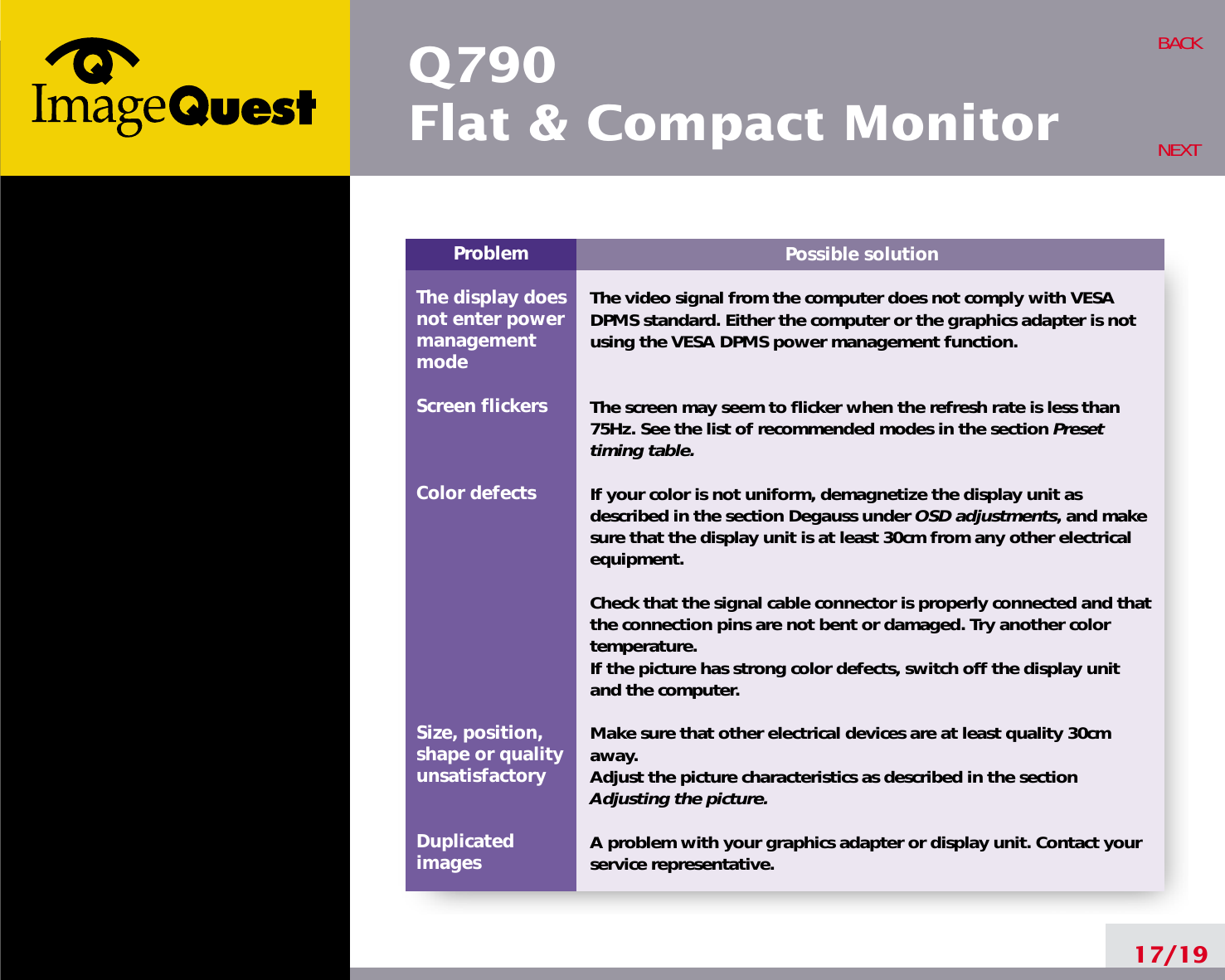 17/19BACKNEXTPossible solutionThe video signal from the computer does not comply with VESADPMS standard. Either the computer or the graphics adapter is notusing the VESA DPMS power management function.The screen may seem to flicker when the refresh rate is less than75Hz. See the list of recommended modes in the section Presettiming table.If your color is not uniform, demagnetize the display unit asdescribed in the section Degauss under OSD adjustments, and makesure that the display unit is at least 30cm from any other electricalequipment.Check that the signal cable connector is properly connected and thatthe connection pins are not bent or damaged. Try another colortemperature. If the picture has strong color defects, switch off the display unitand the computer.Make sure that other electrical devices are at least quality 30cmaway.Adjust the picture characteristics as described in the sectionAdjusting the picture.A problem with your graphics adapter or display unit. Contact yourservice representative.ProblemThe display does not enter power managementmodeScreen flickersColor defectsSize, position,shape or qualityunsatisfactoryDuplicatedimagesQ790Flat &amp; Compact Monitor