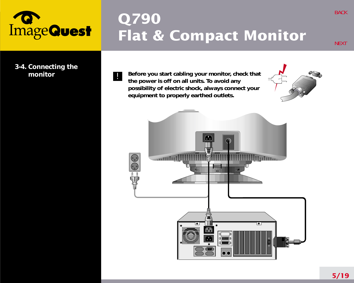 5/19BACKNEXT3-4. Connecting themonitor Before you start cabling your monitor, check thatthe power is off on all units. To avoid anypossibility of electric shock, always connect yourequipment to properly earthed outlets.!Q790Flat &amp; Compact Monitor