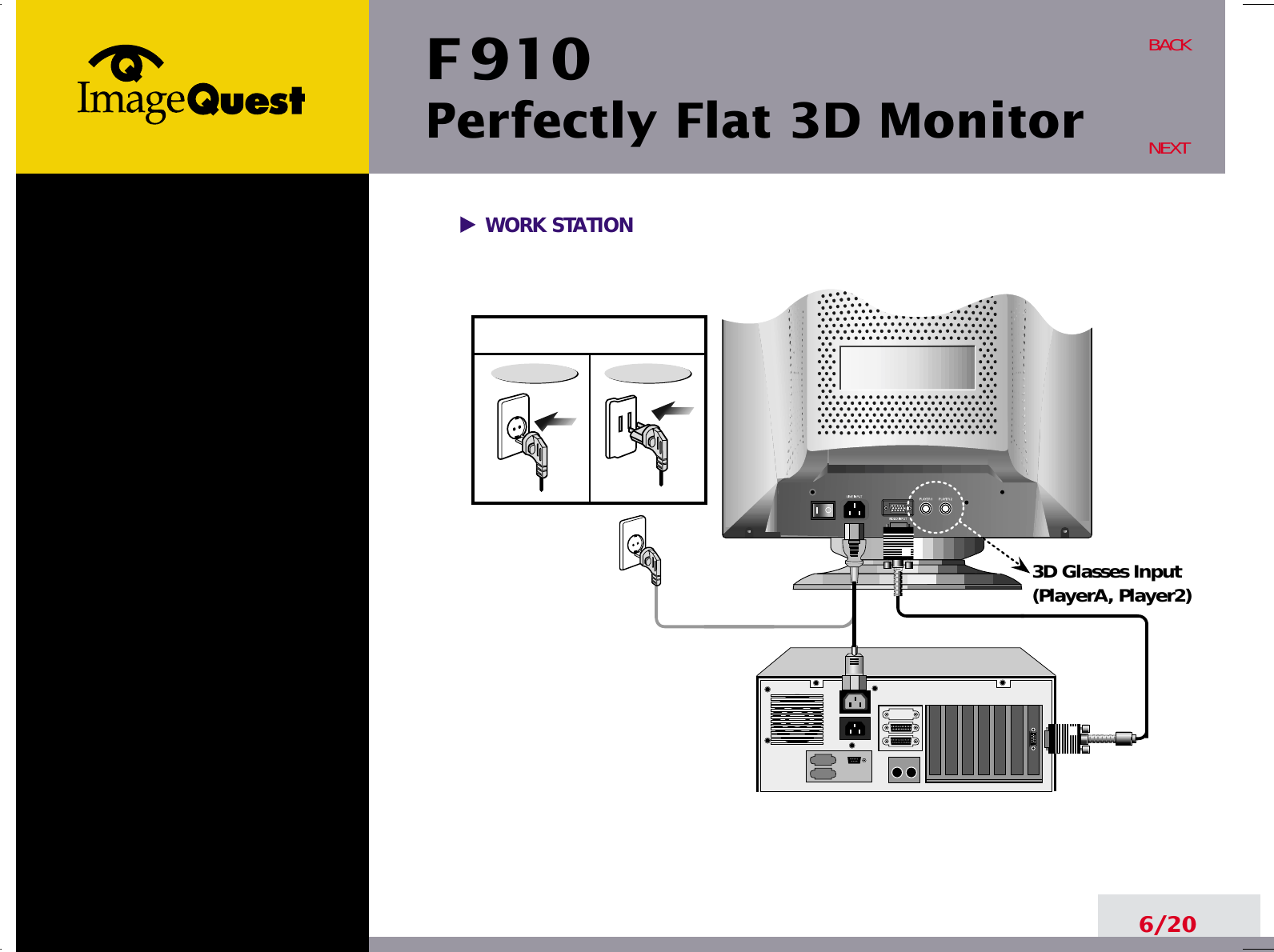 F 910Perfectly Flat 3D Monitor6/20BACKNEXTWORK STATION3D Glasses Input(PlayerA, Player2)