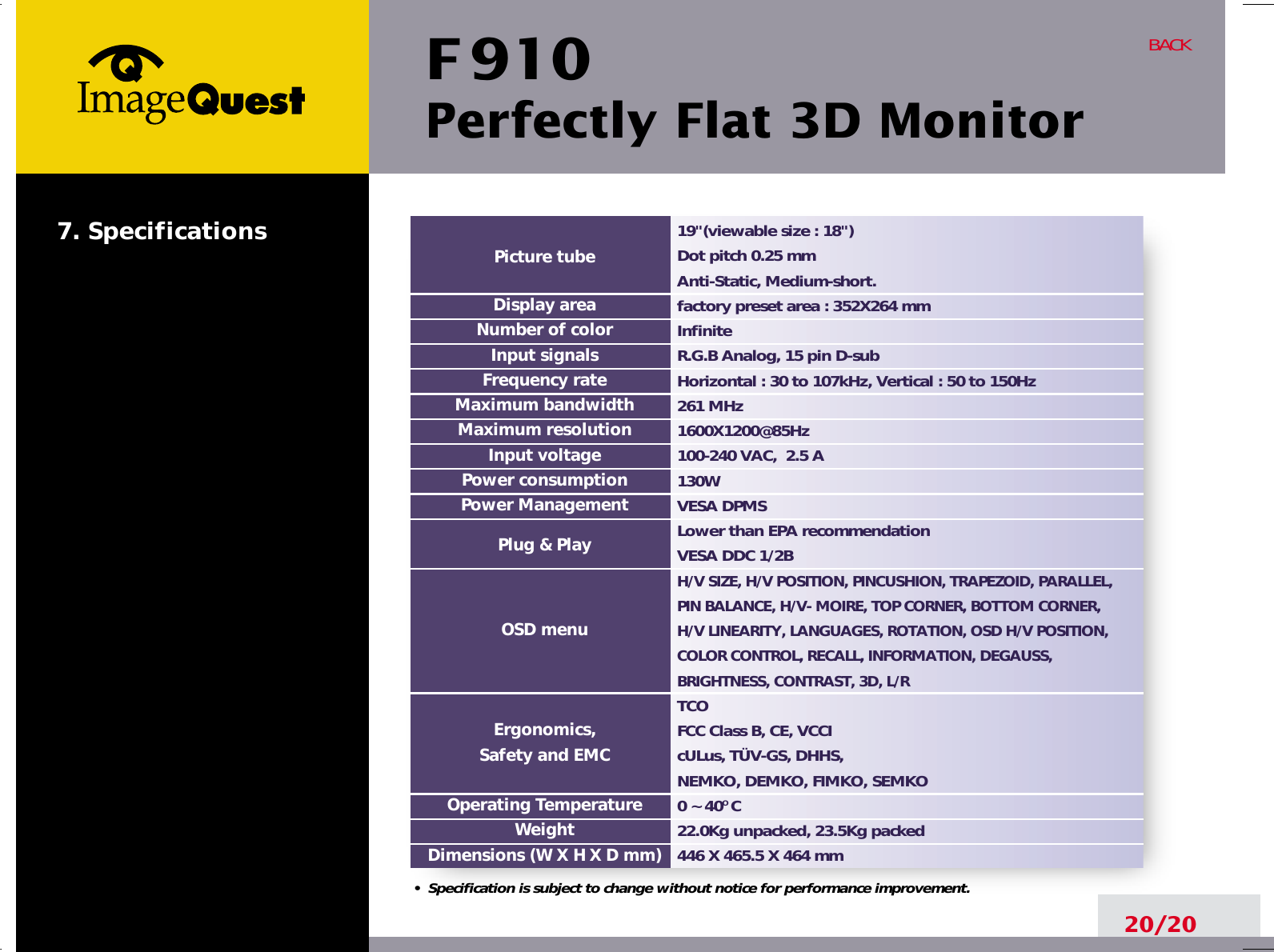 F 910Perfectly Flat 3D Monitor20/20BACK19&quot;(viewable size : 18&quot;)Dot pitch 0.25 mmAnti-Static, Medium-short.factory preset area : 352X264 mm InfiniteR.G.B Analog, 15 pin D-subHorizontal : 30 to 107kHz, Vertical : 50 to 150Hz261 MHz1600X1200@85Hz100-240 VAC,  2.5 A130WVESA DPMSLower than EPA recommendationVESA DDC 1/2BH/V SIZE, H/V POSITION, PINCUSHION, TRAPEZOID, PARALLEL, PIN BALANCE, H/V- MOIRE, TOP CORNER, BOTTOM CORNER, H/V LINEARITY, LANGUAGES, ROTATION, OSD H/V POSITION,COLOR CONTROL, RECALL, INFORMATION, DEGAUSS,BRIGHTNESS, CONTRAST, 3D, L/RTCOFCC Class B, CE, VCCIcULus, TÜV-GS, DHHS, NEMKO, DEMKO, FIMKO, SEMKO 0 ~ 40O C22.0Kg unpacked, 23.5Kg packed446 X 465.5 X 464 mmPicture tubeDisplay areaNumber of colorInput signalsFrequency rateMaximum bandwidthMaximum resolutionInput voltagePower consumptionPower ManagementPlug &amp; PlayOSD menuErgonomics,Safety and EMCOperating TemperatureWeightDimensions (W X H X D mm)•  Specification is subject to change without notice for performance improvement.7. Specifications