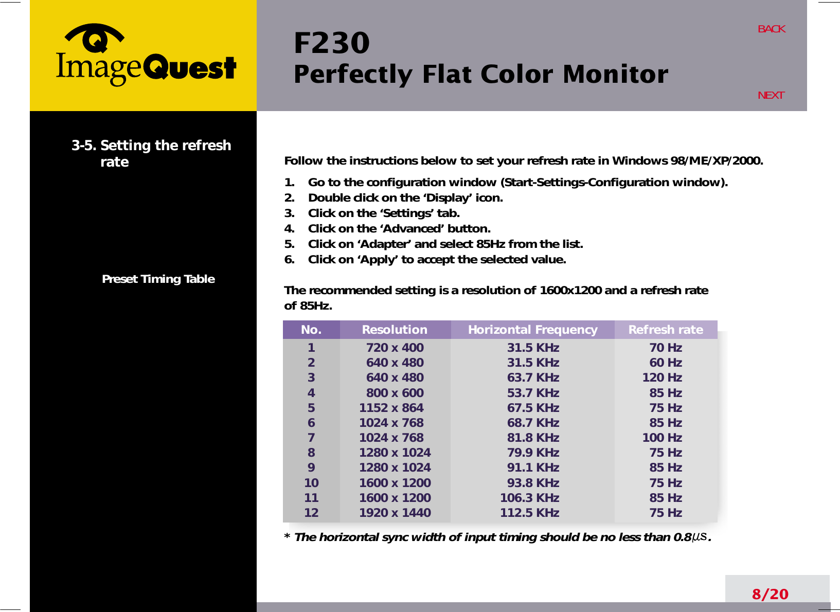 F230 Perfectly Flat Color Monitor8/20BACKNEXT3-5. Setting the refreshratePreset Timing TableNo.123456789101112Resolution720 x 400640 x 480640 x 480800 x 6001152 x 8641024 x 7681024 x 7681280 x 10241280 x 10241600 x 12001600 x 12001920 x 1440Horizontal Frequency31.5 KHz31.5 KHz63.7 KHz53.7 KHz67.5 KHz68.7 KHz81.8 KHz79.9 KHz91.1 KHz93.8 KHz106.3 KHz112.5 KHzRefresh rate70 Hz60 Hz120 Hz85 Hz75 Hz85 Hz100 Hz75 Hz85 Hz75 Hz85 Hz75 HzFollow the instructions below to set your refresh rate in Windows 98/ME/XP/2000.1.    Go to the configuration window (Start-Settings-Configuration window).2.    Double click on the ‘Display’ icon.3.    Click on the ‘Settings’ tab.4.    Click on the ‘Advanced’ button.5.    Click on ‘Adapter’ and select 85Hz from the list.6.    Click on ‘Apply’ to accept the selected value.The recommended setting is a resolution of 1600x1200 and a refresh rate of 85Hz.* The horizontal sync width of input timing should be no less than 0.8     .