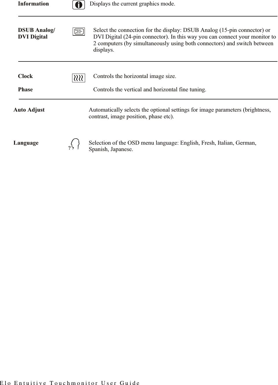 E l o E n t u i t i v e T o u c h m o n i t o r U s e r G u i d e??Information Displays the current graphics mode.DSUB Analog/ Select the connection for the display: DSUB Analog (15-pin connector) or DVI Digital (24-pin connector). In this way you can connect your monitor to 2 computers (by simultaneously using both connectors) and switch between displays.Clock Controls the horizontal image size.Phase Controls the vertical and horizontal fine tuning.DVI DigitalAuto Adjust  Automatically selects the optional settings for image parameters (brightness, contrast, image position, phase etc).Language  Selection of the OSD menu language: English, Fresh, Italian, German, Spanish, Japanese.