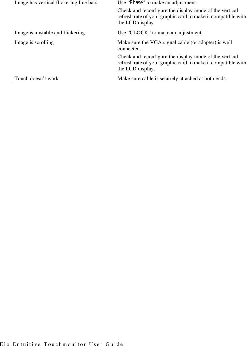 Elo Entuitive Touchmonitor User GuideImage has vertical flickering line bars.  Use “Phase” to make an adjustment.Check and reconfigure the display mode of the vertical refresh rate of your graphic card to make it compatible with the LCD display.Image is unstable and flickering Use “CLOCK” to make an adjustment.Image is scrolling Make sure the VGA signal cable (or adapter) is well connected.Check and reconfigure the display mode of the vertical refresh rate of your graphic card to make it compatible with the LCD display.Touch doesn’t work Make sure cable is securely attached at both ends.