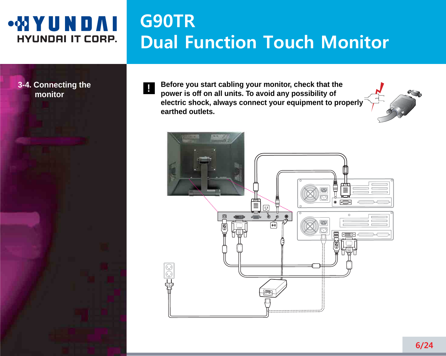 G90TRDual Function Touch Monitor6/243-4. Connecting the monitor Before you start cabling your monitor, check that thepower is off on all units. To avoid any possibility ofelectric shock, always connect your equipment to properlyearthed outlets.!