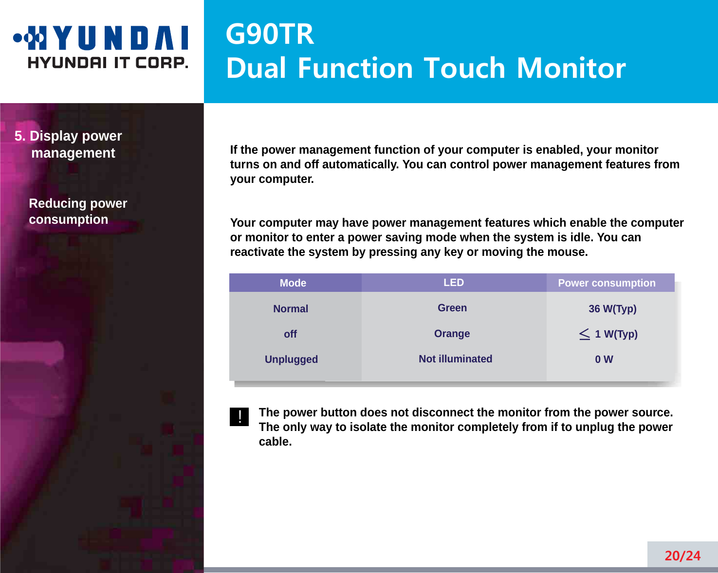 G90TRDual Function Touch MonitorIf the power management function of your computer is enabled, your monitorturns on and off automatically. You can control power management features fromyour computer.Your computer may have power management features which enable the computeror monitor to enter a power saving mode when the system is idle. You canreactivate the system by pressing any key or moving the mouse.The power button does not disconnect the monitor from the power source.The only way to isolate the monitor completely from if to unplug the powercable.20/245. Display power managementReducing powerconsumptionPower consumption36 W(Typ)1 W(Typ)0 WModeNormaloffUnpluggedLEDGreenOrangeNot illuminated!