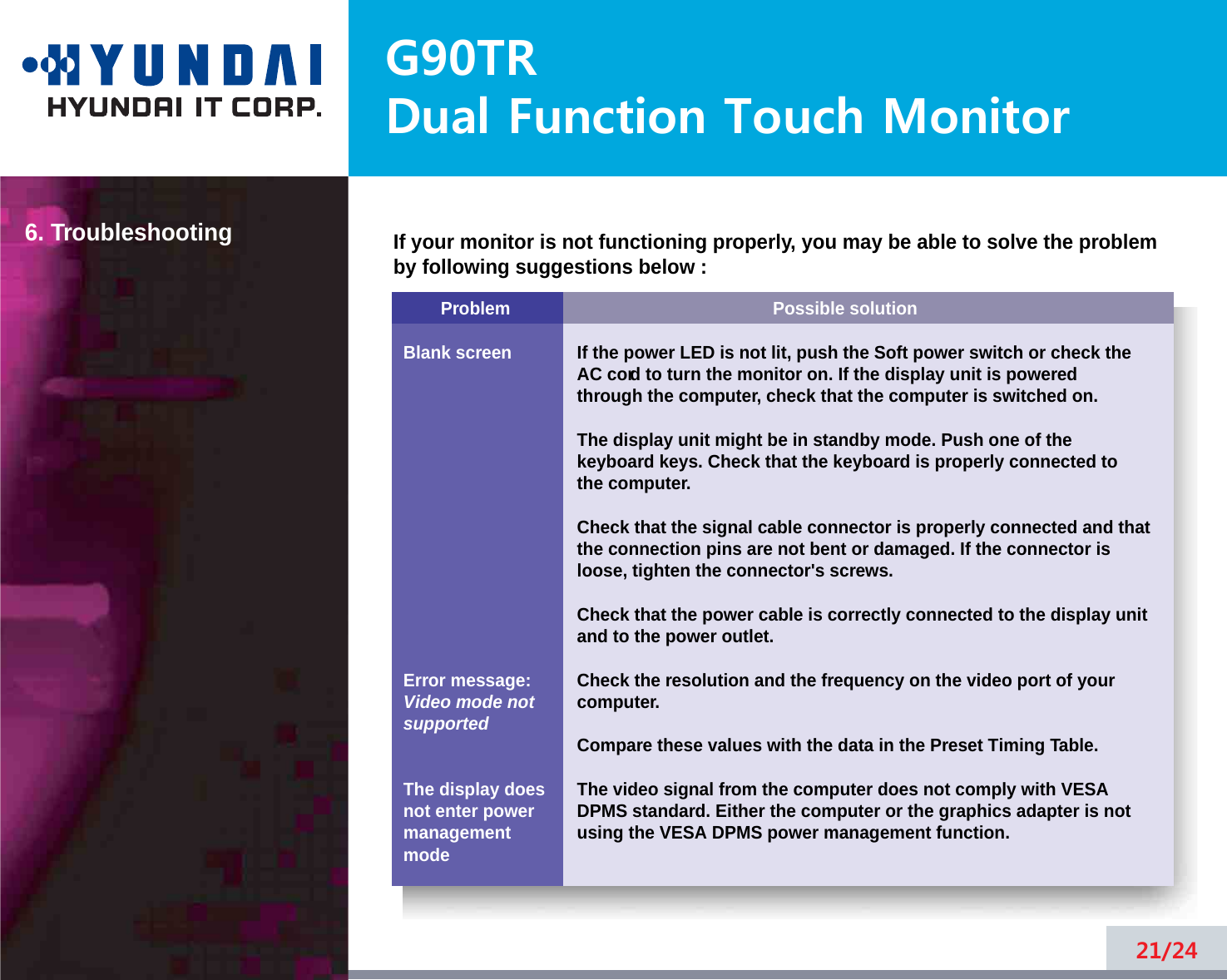 G90TRDual Function Touch Monitor6. Troubleshooting21/24ProblemBlank screenError message:Video mode notsupportedThe display does not enter power managementmodePossible solutionIf the power LED is not lit, push the Soft power switch or check theAC cord to turn the monitor on. If the display unit is poweredthrough the computer, check that the computer is switched on.The display unit might be in standby mode. Push one of thekeyboard keys. Check that the keyboard is properly connected tothe computer.Check that the signal cable connector is properly connected and thatthe connection pins are not bent or damaged. If the connector isloose, tighten the connector&apos;s screws.Check that the power cable is correctly connected to the display unitand to the power outlet. Check the resolution and the frequency on the video port of yourcomputer.Compare these values with the data in the Preset Timing Table.The video signal from the computer does not comply with VESADPMS standard. Either the computer or the graphics adapter is notusing the VESA DPMS power management function.If your monitor is not functioning properly, you may be able to solve the problemby following suggestions below :
