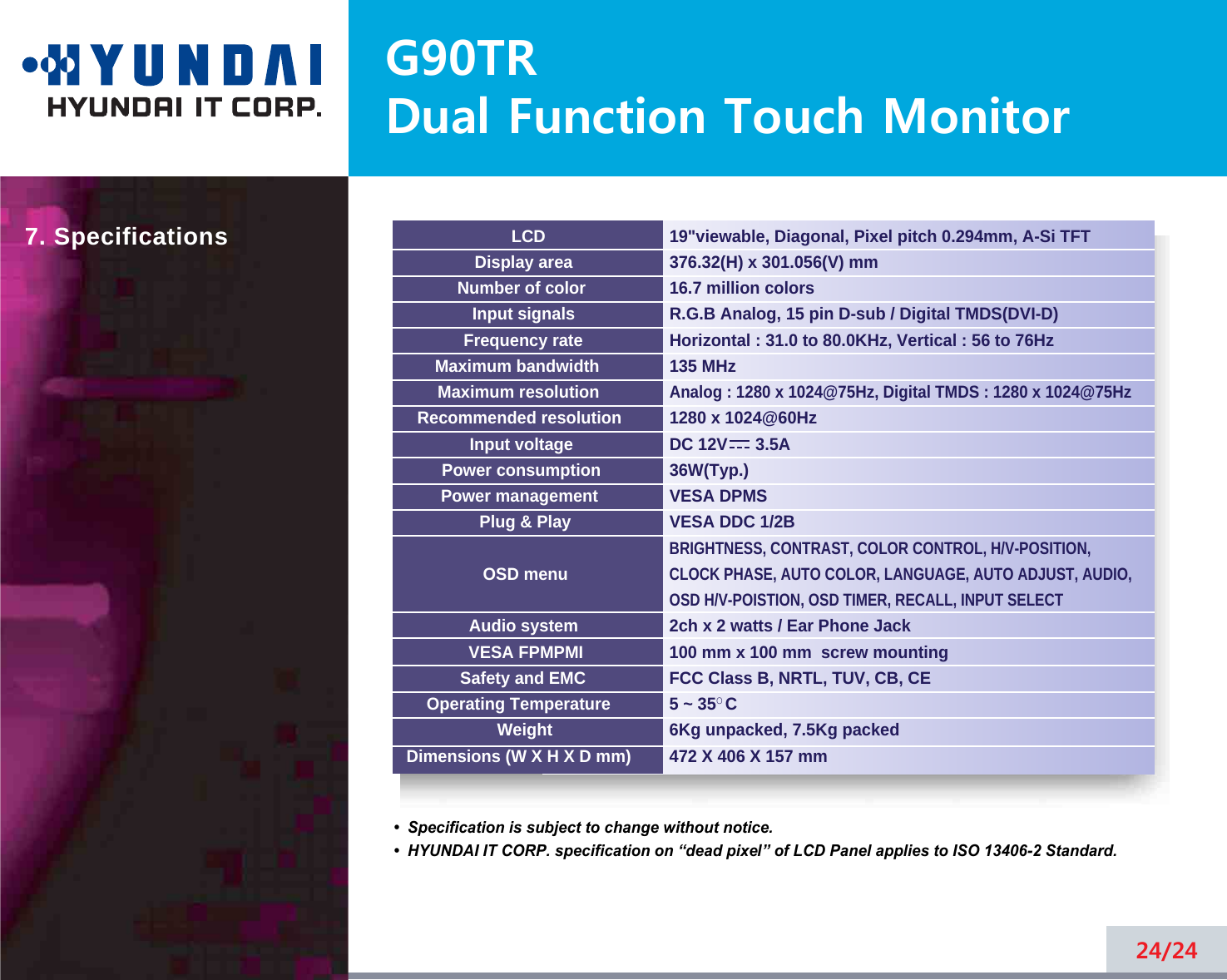 G90TRDual Function Touch Monitor24/24LCDDisplay areaNumber of colorInput signalsFrequency rateMaximum bandwidthMaximum resolutionRecommended resolutionInput voltagePower consumptionPower managementPlug &amp; PlayOSD menuAudio systemVESA FPMPMISafety and EMCOperating TemperatureWeightDimensions (W X H X D mm)•  Specification is subject to change without notice.•  HYUNDAI IT CORP. specification on “dead pixel” of LCD Panel applies to ISO 13406-2 Standard.7. Specifications19&quot;viewable, Diagonal, Pixel pitch 0.294mm, A-Si TFT376.32(H) x 301.056(V) mm16.7 million colorsR.G.B Analog, 15 pin D-sub / Digital TMDS(DVI-D)Horizontal : 31.0 to 80.0KHz, Vertical : 56 to 76Hz135 MHzAnalog : 1280 x 1024@75Hz, Digital TMDS : 1280 x 1024@75Hz1280 x 1024@60HzDC 12V      3.5A 36W(Typ.)VESA DPMSVESA DDC 1/2BBRIGHTNESS, CONTRAST, COLOR CONTROL, H/V-POSITION, CLOCK PHASE, AUTO COLOR, LANGUAGE, AUTO ADJUST, AUDIO,   OSD H/V-POISTION, OSD TIMER, RECALL, INPUT SELECT2ch x 2 watts / Ear Phone Jack100 mm x 100 mm  screw mountingFCC Class B, NRTL, TUV, CB, CE5 ~ 35O C6Kg unpacked, 7.5Kg packed472 X 406 X 157 mm