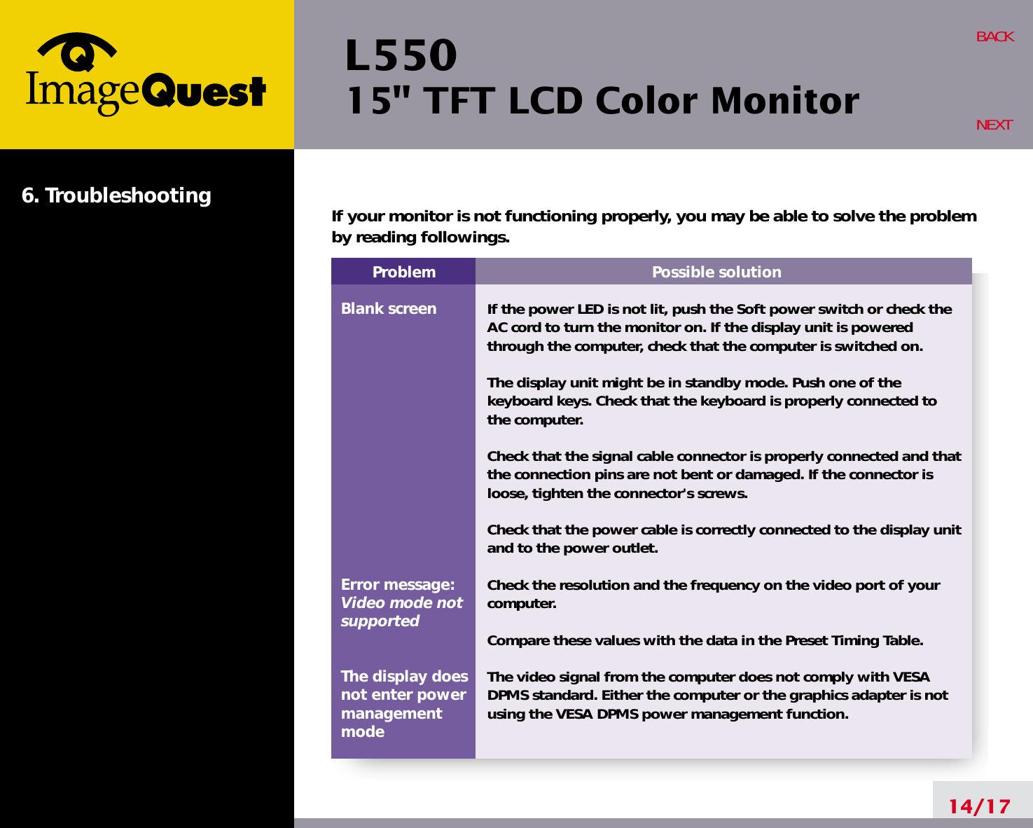 L550 15&quot; TFT LCD Color Monitor6. Troubleshooting14/17BACKNEXTProblemBlank screenError message:Video mode notsupportedThe display does not enter power managementmodePossible solutionIf the power LED is not lit, push the Soft power switch or check theAC cord to turn the monitor on. If the display unit is poweredthrough the computer, check that the computer is switched on.The display unit might be in standby mode. Push one of thekeyboard keys. Check that the keyboard is properly connected tothe computer.Check that the signal cable connector is properly connected and thatthe connection pins are not bent or damaged. If the connector isloose, tighten the connector&apos;s screws.Check that the power cable is correctly connected to the display unitand to the power outlet. Check the resolution and the frequency on the video port of yourcomputer.Compare these values with the data in the Preset Timing Table.The video signal from the computer does not comply with VESADPMS standard. Either the computer or the graphics adapter is notusing the VESA DPMS power management function.If your monitor is not functioning properly, you may be able to solve the problemby reading followings.