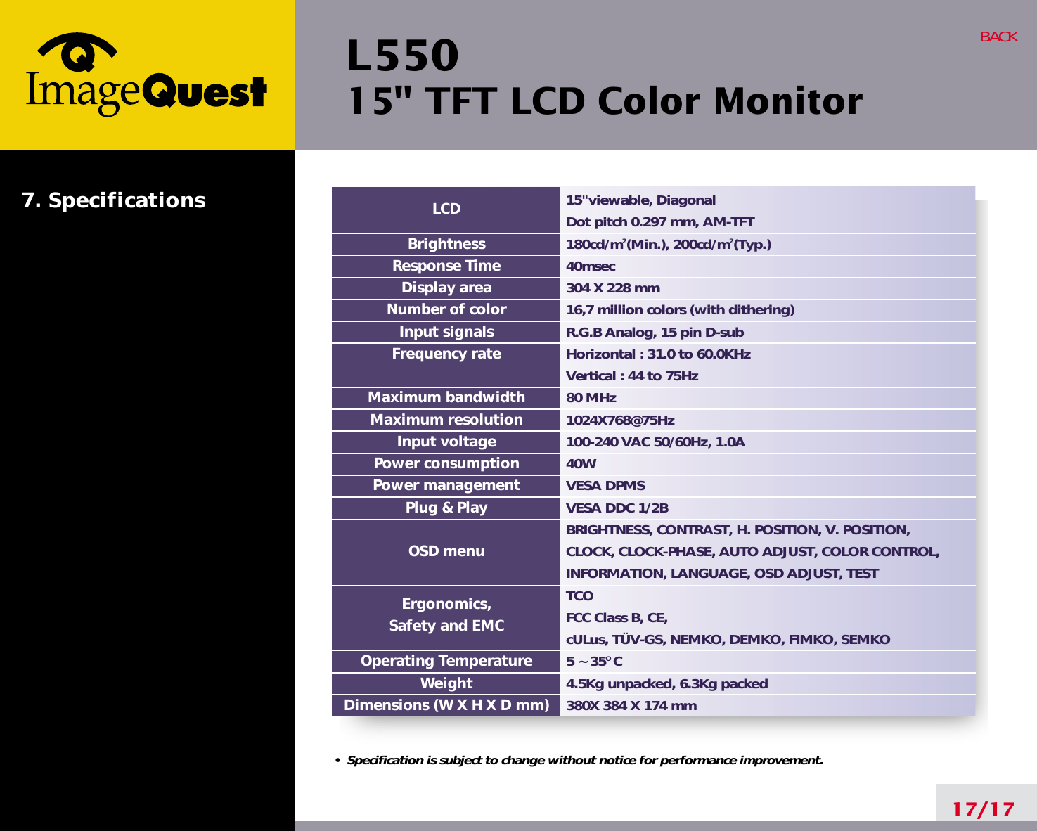 L550 15&quot; TFT LCD Color Monitor17/17BACK15&quot;viewable, DiagonalDot pitch 0.297 mm, AM-TFT 180cd/m2(Min.), 200cd/m2(Typ.)40msec304 X 228 mm16,7 million colors (with dithering)R.G.B Analog, 15 pin D-subHorizontal : 31.0 to 60.0KHzVertical : 44 to 75Hz80 MHz1024X768@75Hz100-240 VAC 50/60Hz, 1.0A40WVESA DPMSVESA DDC 1/2BBRIGHTNESS, CONTRAST, H. POSITION, V. POSITION, CLOCK, CLOCK-PHASE, AUTO ADJUST, COLOR CONTROL,INFORMATION, LANGUAGE, OSD ADJUST, TESTTCOFCC Class B, CE,cULus, TÜV-GS, NEMKO, DEMKO, FIMKO, SEMKO5 ~ 35O C4.5Kg unpacked, 6.3Kg packed380X 384 X 174 mmLCDBrightnessResponse TimeDisplay areaNumber of colorInput signalsFrequency rateMaximum bandwidthMaximum resolutionInput voltagePower consumptionPower managementPlug &amp; PlayOSD menuErgonomics,Safety and EMCOperating TemperatureWeightDimensions (W X H X D mm)•  Specification is subject to change without notice for performance improvement.7. Specifications