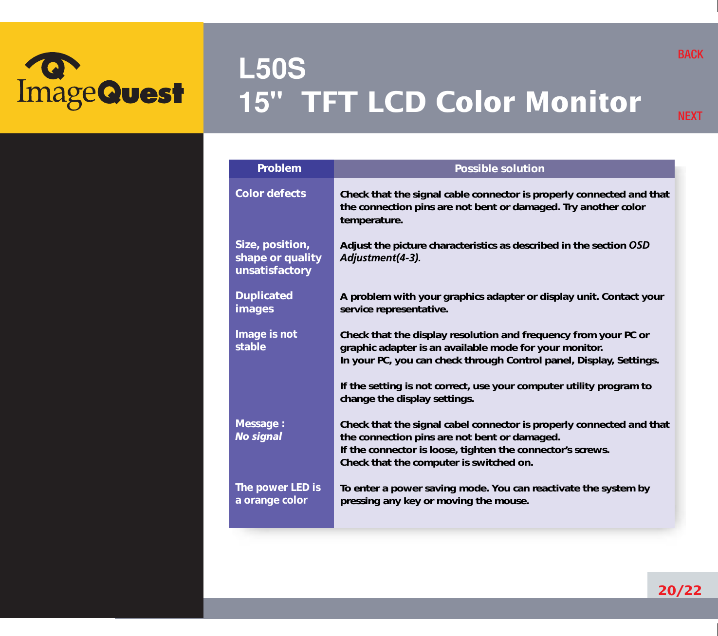 L50S15&quot; TFT LCD Color Monitor20/22BACKNEXTPossible solutionCheck that the signal cable connector is properly connected and thatthe connection pins are not bent or damaged. Try another colortemperature. Adjust the picture characteristics as described in the section OSDAdjustment(4-3).A problem with your graphics adapter or display unit. Contact yourservice representative.Check that the display resolution and frequency from your PC orgraphic adapter is an available mode for your monitor.In your PC, you can check through Control panel, Display, Settings.If the setting is not correct, use your computer utility program tochange the display settings.Check that the signal cabel connector is properly connected and thatthe connection pins are not bent or damaged.If the connector is loose, tighten the connector’s screws.Check that the computer is switched on.To enter a power saving mode. You can reactivate the system bypressing any key or moving the mouse.ProblemColor defectsSize, position,shape or qualityunsatisfactoryDuplicatedimagesImage is notstableMessage : No signalThe power LED isa orange color