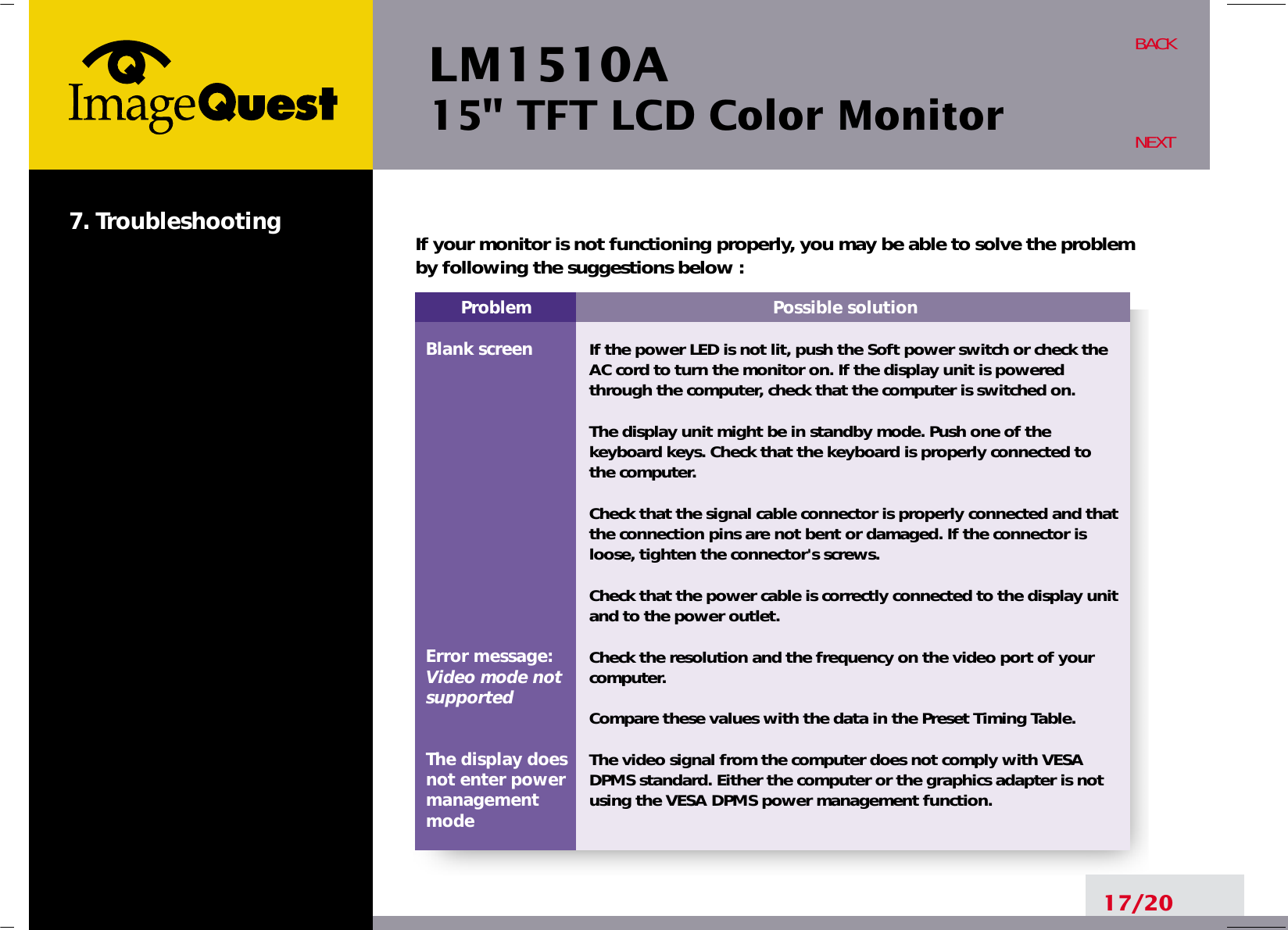 LM1510A15&quot; TFT LCD Color MonitorProblemBlank screenError message:Video mode notsupportedThe display does not enter power managementmodePossible solutionIf the power LED is not lit, push the Soft power switch or check theAC cord to turn the monitor on. If the display unit is poweredthrough the computer, check that the computer is switched on.The display unit might be in standby mode. Push one of thekeyboard keys. Check that the keyboard is properly connected tothe computer.Check that the signal cable connector is properly connected and thatthe connection pins are not bent or damaged. If the connector isloose, tighten the connector&apos;s screws.Check that the power cable is correctly connected to the display unitand to the power outlet. Check the resolution and the frequency on the video port of yourcomputer.Compare these values with the data in the Preset Timing Table.The video signal from the computer does not comply with VESADPMS standard. Either the computer or the graphics adapter is notusing the VESA DPMS power management function.7. Troubleshooting17/20BACKNEXTIf your monitor is not functioning properly, you may be able to solve the problemby following the suggestions below :