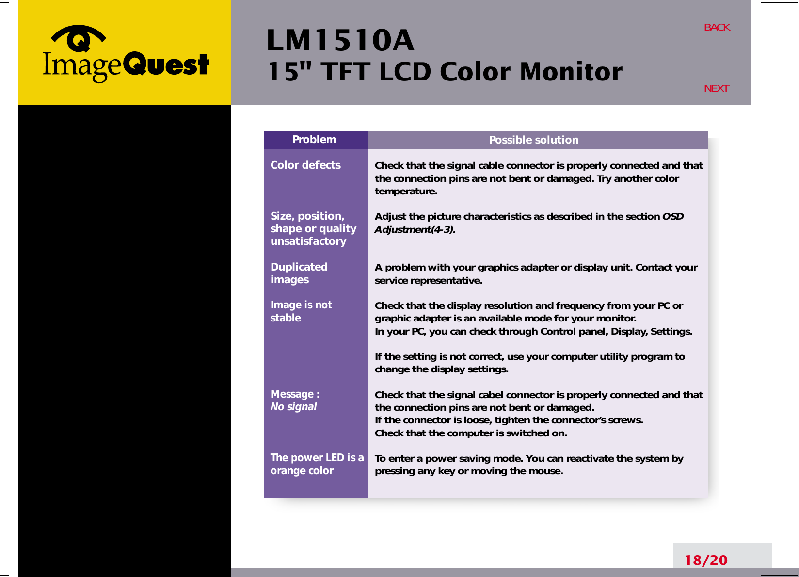 LM1510A15&quot; TFT LCD Color Monitor18/20BACKNEXTPossible solutionCheck that the signal cable connector is properly connected and thatthe connection pins are not bent or damaged. Try another colortemperature. Adjust the picture characteristics as described in the section OSDAdjustment(4-3).A problem with your graphics adapter or display unit. Contact yourservice representative.Check that the display resolution and frequency from your PC orgraphic adapter is an available mode for your monitor.In your PC, you can check through Control panel, Display, Settings.If the setting is not correct, use your computer utility program tochange the display settings.Check that the signal cabel connector is properly connected and thatthe connection pins are not bent or damaged.If the connector is loose, tighten the connector’s screws.Check that the computer is switched on.To enter a power saving mode. You can reactivate the system bypressing any key or moving the mouse.ProblemColor defectsSize, position,shape or qualityunsatisfactoryDuplicatedimagesImage is notstableMessage : No signalThe power LED is aorange color