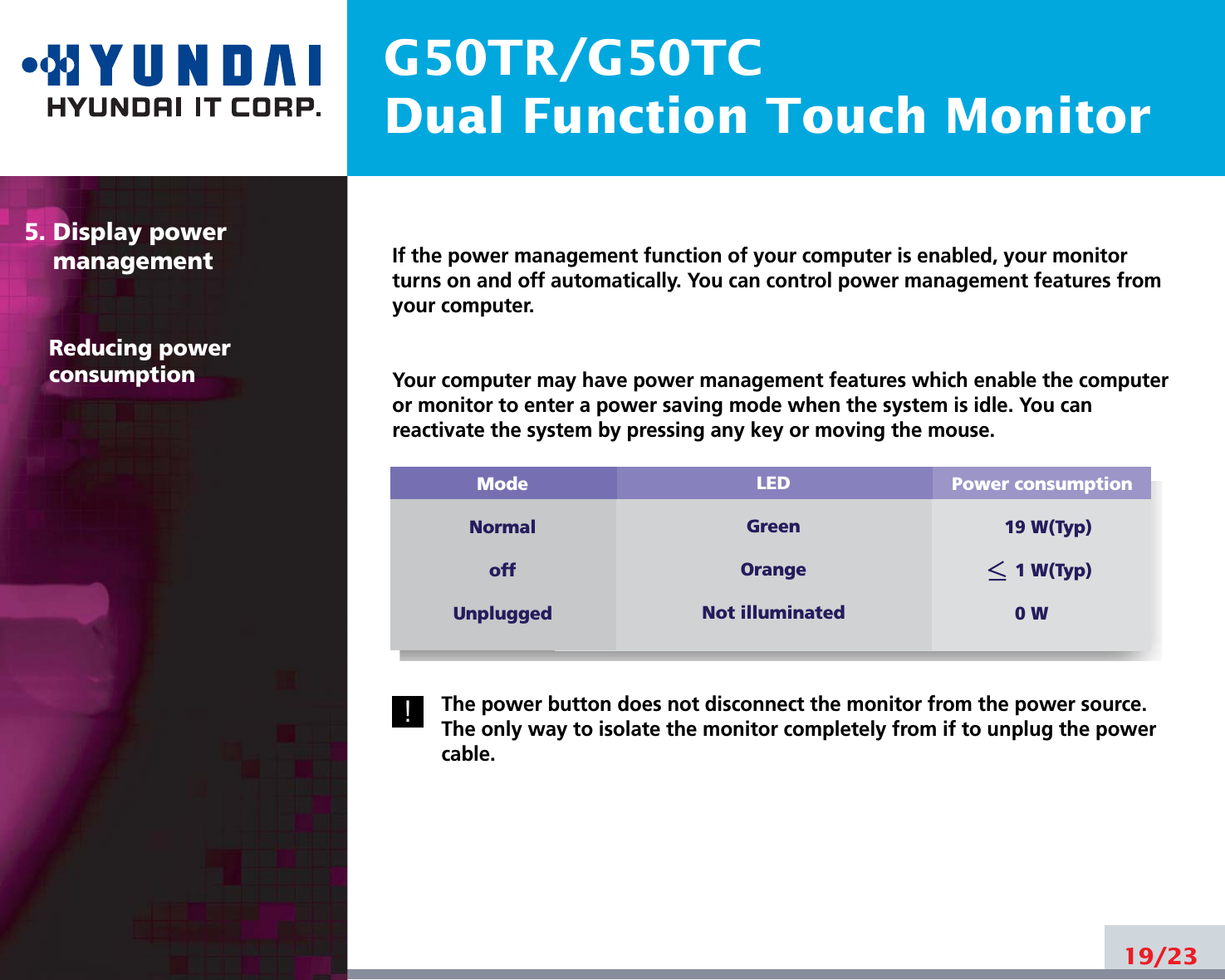 G50TR/G50TCDual Function Touch MonitorIf the power management function of your computer is enabled, your monitorturns on and off automatically. You can control power management features fromyour computer.Your computer may have power management features which enable the computeror monitor to enter a power saving mode when the system is idle. You canreactivate the system by pressing any key or moving the mouse.The power button does not disconnect the monitor from the power source.The only way to isolate the monitor completely from if to unplug the powercable.19/235. Display power managementReducing powerconsumptionPower consumption19 W(Typ)1 W(Typ)0 WModeNormaloffUnpluggedLEDGreenOrangeNot illuminated!