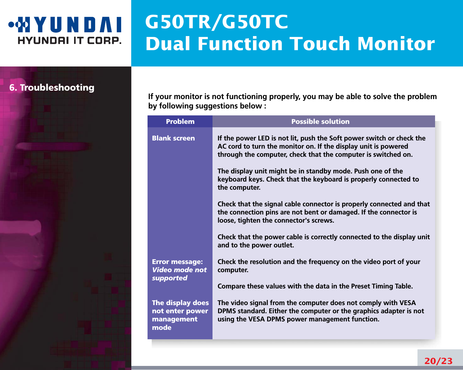 G50TR/G50TCDual Function Touch Monitor6. Troubleshooting20/23ProblemBlank screenError message:Video mode notsupportedThe display does not enter power managementmodePossible solutionIf the power LED is not lit, push the Soft power switch or check theAC cord to turn the monitor on. If the display unit is poweredthrough the computer, check that the computer is switched on.The display unit might be in standby mode. Push one of thekeyboard keys. Check that the keyboard is properly connected tothe computer.Check that the signal cable connector is properly connected and thatthe connection pins are not bent or damaged. If the connector isloose, tighten the connector&apos;s screws.Check that the power cable is correctly connected to the display unitand to the power outlet. Check the resolution and the frequency on the video port of yourcomputer.Compare these values with the data in the Preset Timing Table.The video signal from the computer does not comply with VESADPMS standard. Either the computer or the graphics adapter is notusing the VESA DPMS power management function.If your monitor is not functioning properly, you may be able to solve the problemby following suggestions below :