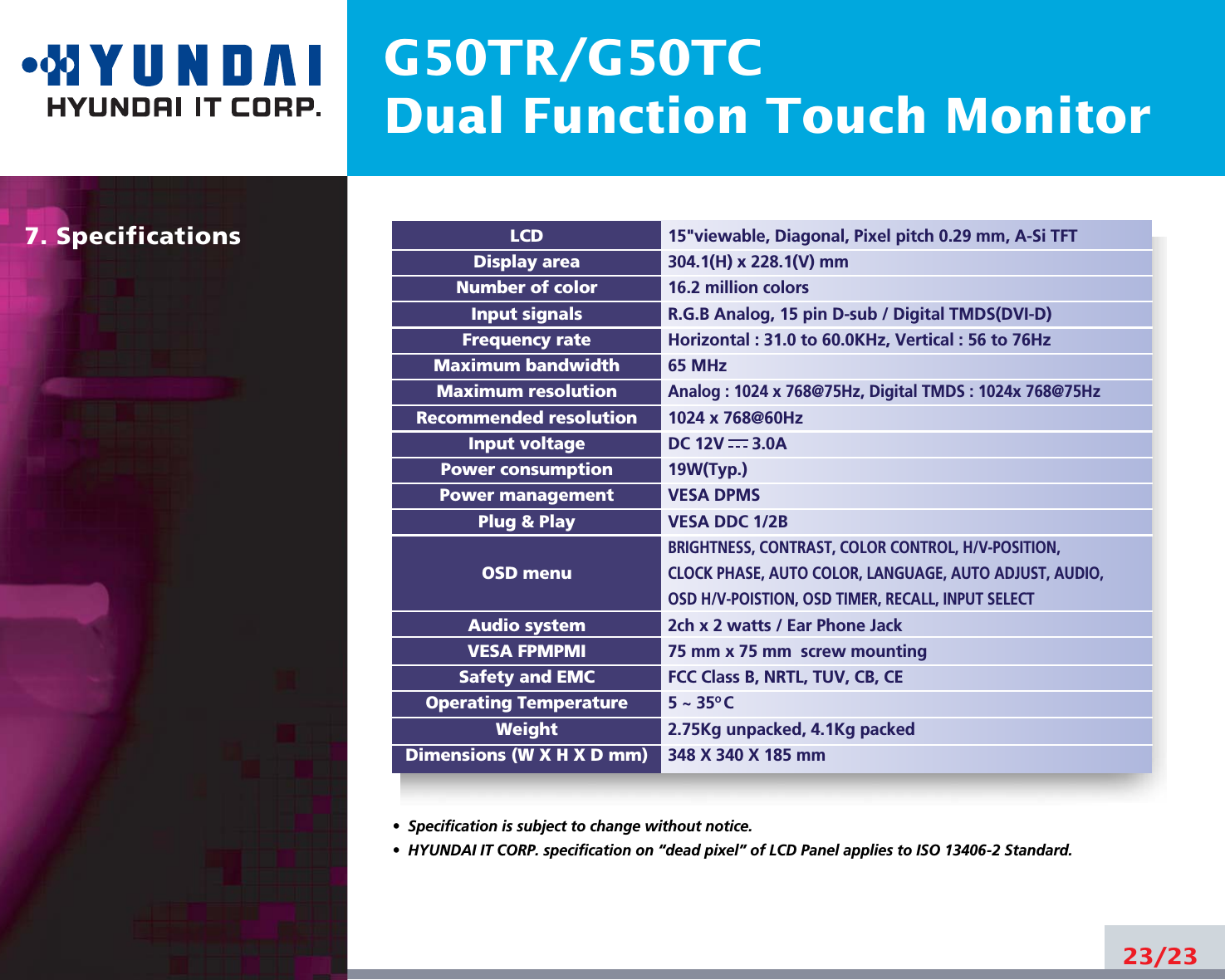 G50TR/G50TCDual Function Touch Monitor23/23LCDDisplay areaNumber of colorInput signalsFrequency rateMaximum bandwidthMaximum resolutionRecommended resolutionInput voltagePower consumptionPower managementPlug &amp; PlayOSD menuAudio systemVESA FPMPMISafety and EMCOperating TemperatureWeightDimensions (W X H X D mm)•  Specification is subject to change without notice.•  HYUNDAI IT CORP. specification on “dead pixel” of LCD Panel applies to ISO 13406-2 Standard.7. Specifications15&quot;viewable, Diagonal, Pixel pitch 0.29 mm, A-Si TFT304.1(H) x 228.1(V) mm16.2 million colorsR.G.B Analog, 15 pin D-sub / Digital TMDS(DVI-D)Horizontal : 31.0 to 60.0KHz, Vertical : 56 to 76Hz65 MHzAnalog : 1024 x 768@75Hz, Digital TMDS : 1024x 768@75Hz1024 x 768@60HzDC 12V      3.0A 19W(Typ.)VESA DPMSVESA DDC 1/2BBRIGHTNESS, CONTRAST, COLOR CONTROL, H/V-POSITION, CLOCK PHASE, AUTO COLOR, LANGUAGE, AUTO ADJUST, AUDIO,   OSD H/V-POISTION, OSD TIMER, RECALL, INPUT SELECT2ch x 2 watts / Ear Phone Jack75 mm x 75 mm  screw mountingFCC Class B, NRTL, TUV, CB, CE5 ~ 35O C2.75Kg unpacked, 4.1Kg packed348 X 340 X 185 mm