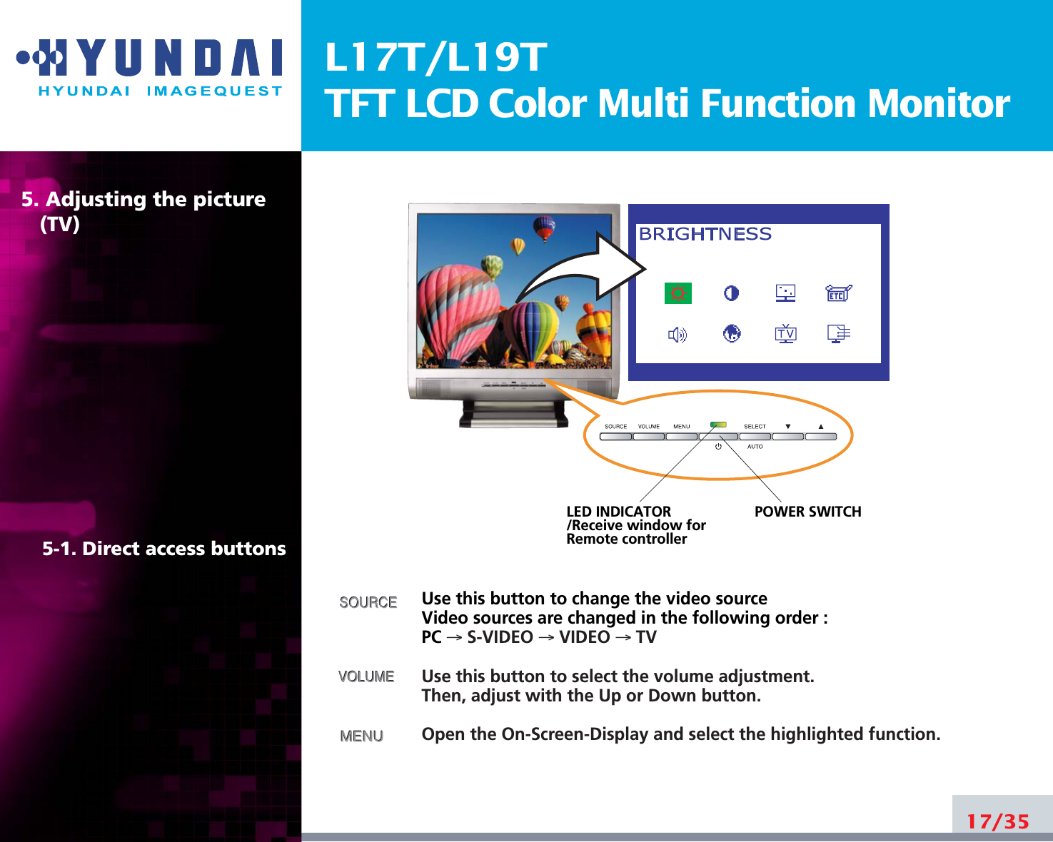 L17T/L19TTFT LCD Color Multi Function Monitor5. Adjusting the picture(TV)5-1. Direct access buttonsUse this button to change the video sourceVideo sources are changed in the following order :PC → S-VIDEO → VIDEO → TVUse this button to select the volume adjustment.Then, adjust with the Up or Down button.Open the On-Screen-Display and select the highlighted function.17/35POWER SWITCHLED INDICATOR/Receive window forRemote controller