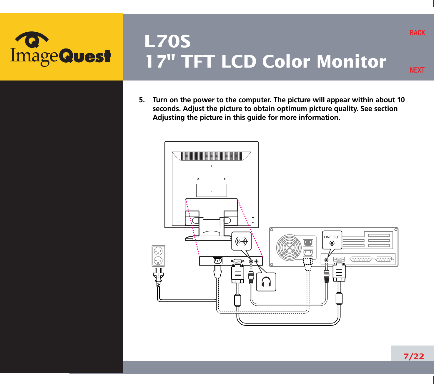 L70S17&quot; TFT LCD Color Monitor7/22BACKNEXT5.    Turn on the power to the computer. The picture will appear within about 10seconds. Adjust the picture to obtain optimum picture quality. See sectionAdjusting the picture in this guide for more information.LINE OUT