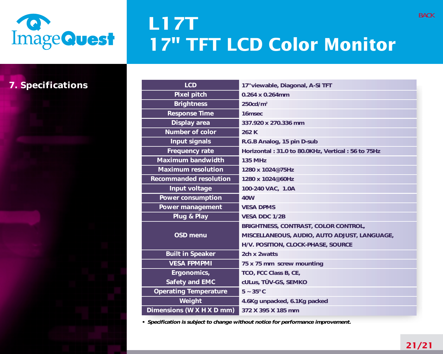 L17T17&quot; TFT LCD Color Monitor21/21BACK17&quot;viewable, Diagonal, A-Si TFT0.264 x 0.264mm250cd/m216msec337.920 x 270.336 mm262 KR.G.B Analog, 15 pin D-subHorizontal : 31.0 to 80.0KHz, Vertical : 56 to 75Hz135 MHz1280 x 1024@75Hz 1280 x 1024@60Hz100-240 VAC,  1.0A40WVESA DPMSVESA DDC 1/2BBRIGHTNESS, CONTRAST, COLOR CONTROL,MISCELLANEOUS, AUDIO, AUTO ADJUST, LANGUAGE,H/V. POSITION, CLOCK-PHASE, SOURCE2ch x 2watts75 x 75 mm  screw mountingTCO, FCC Class B, CE, cULus, TÜV-GS, SEMKO5 ~ 35O C4.6Kg unpacked, 6.1Kg packed372 X 395 X 185 mmLCDPixel pitchBrightnessResponse TimeDisplay areaNumber of colorInput signalsFrequency rateMaximum bandwidthMaximum resolutionRecommanded resolutionInput voltagePower consumptionPower managementPlug &amp; PlayOSD menuBuilt in SpeakerVESA FPMPMIErgonomics,Safety and EMCOperating TemperatureWeightDimensions (W X H X D mm)•  Specification is subject to change without notice for performance improvement.7. Specifications