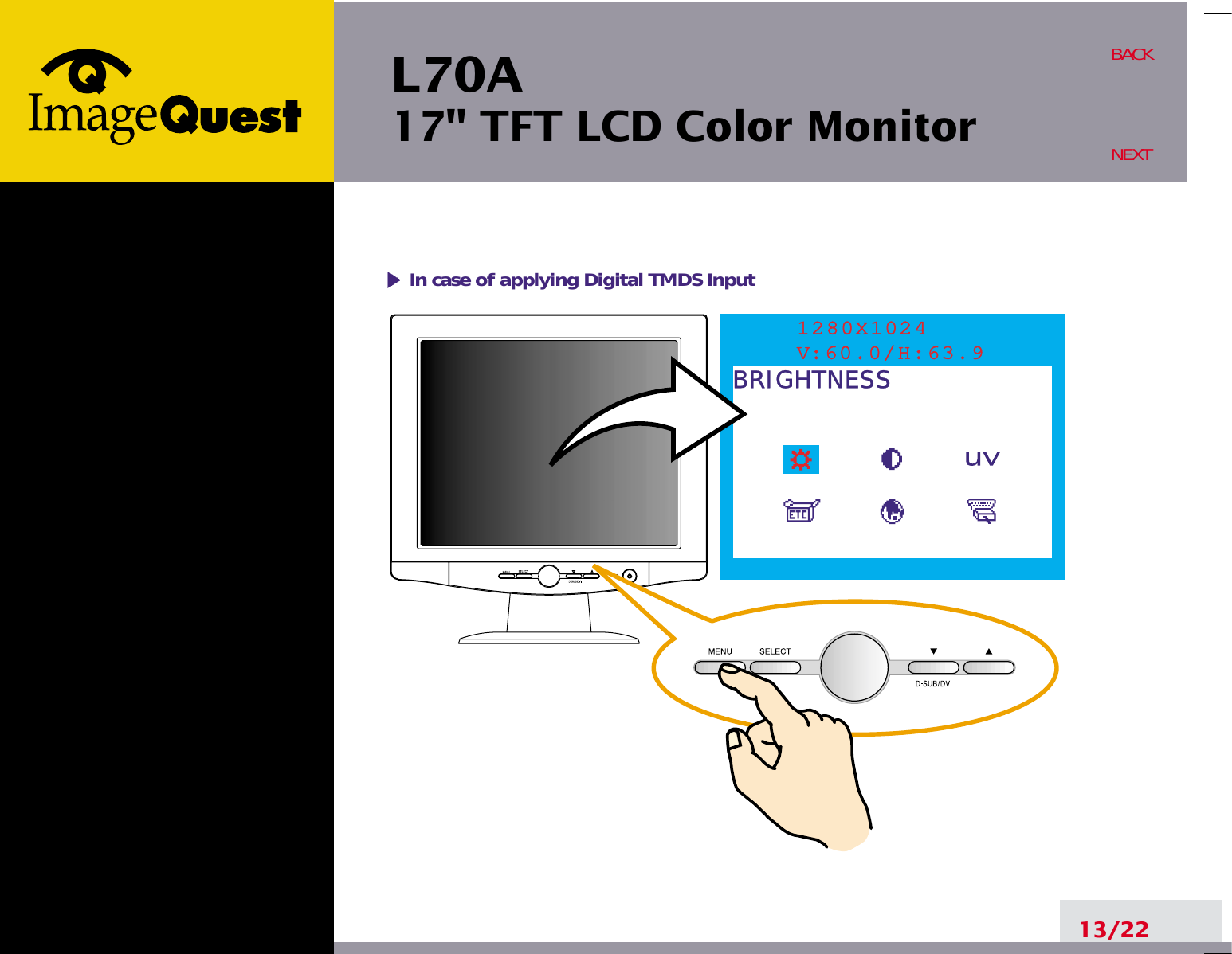 L70A17&quot; TFT LCD Color Monitor13/22BACKNEXT1280X1024V:60.0/H:63.9BRIGHTNESSIn case of applying Digital TMDS Input