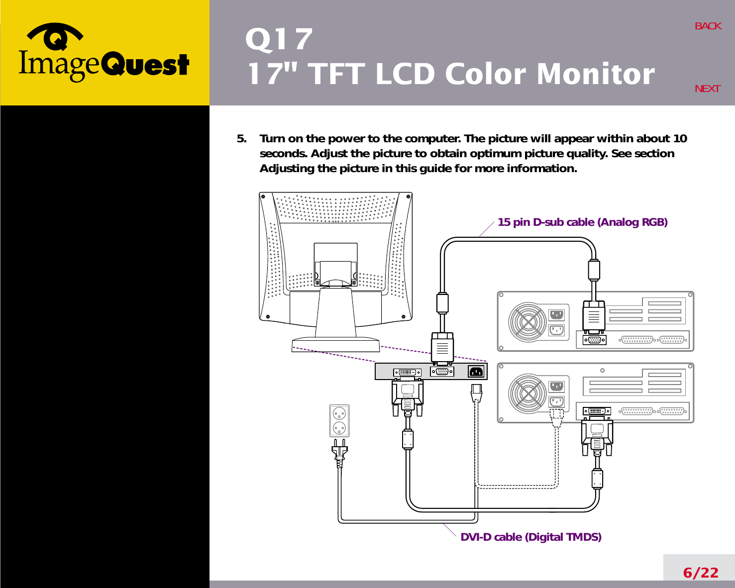 Q1717&quot; TFT LCD Color Monitor6/22BACKNEXT5.    Turn on the power to the computer. The picture will appear within about 10seconds. Adjust the picture to obtain optimum picture quality. See sectionAdjusting the picture in this guide for more information.15 pin D-sub cable (Analog RGB)DVI-D cable (Digital TMDS)