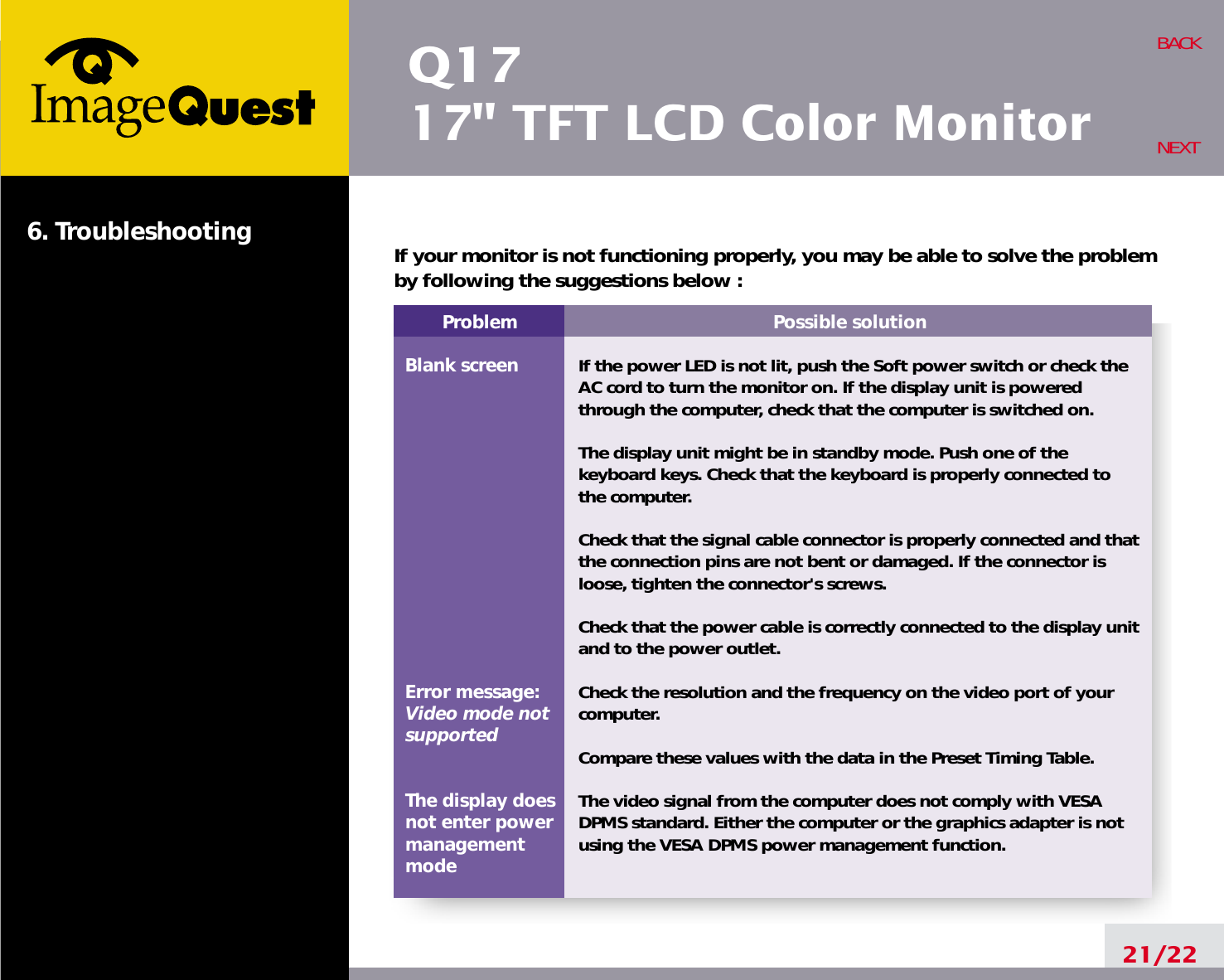 Q1717&quot; TFT LCD Color Monitor6. Troubleshooting21/22BACKNEXTProblemBlank screenError message:Video mode notsupportedThe display does not enter power managementmodePossible solutionIf the power LED is not lit, push the Soft power switch or check theAC cord to turn the monitor on. If the display unit is poweredthrough the computer, check that the computer is switched on.The display unit might be in standby mode. Push one of thekeyboard keys. Check that the keyboard is properly connected tothe computer.Check that the signal cable connector is properly connected and thatthe connection pins are not bent or damaged. If the connector isloose, tighten the connector&apos;s screws.Check that the power cable is correctly connected to the display unitand to the power outlet. Check the resolution and the frequency on the video port of yourcomputer.Compare these values with the data in the Preset Timing Table.The video signal from the computer does not comply with VESADPMS standard. Either the computer or the graphics adapter is notusing the VESA DPMS power management function.If your monitor is not functioning properly, you may be able to solve the problemby following the suggestions below :