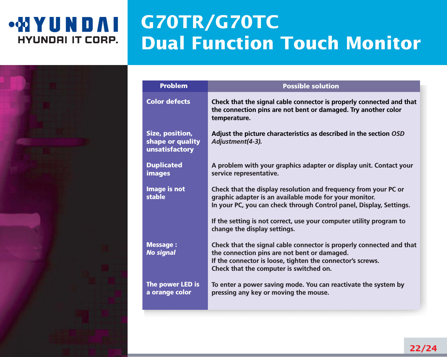 G70TR/G70TCDual Function Touch Monitor22/24Possible solutionCheck that the signal cable connector is properly connected and thatthe connection pins are not bent or damaged. Try another colortemperature. Adjust the picture characteristics as described in the section OSDAdjustment(4-3).A problem with your graphics adapter or display unit. Contact yourservice representative.Check that the display resolution and frequency from your PC orgraphic adapter is an available mode for your monitor.In your PC, you can check through Control panel, Display, Settings.If the setting is not correct, use your computer utility program tochange the display settings.Check that the signal cable connector is properly connected and thatthe connection pins are not bent or damaged.If the connector is loose, tighten the connector’s screws.Check that the computer is switched on.To enter a power saving mode. You can reactivate the system bypressing any key or moving the mouse.ProblemColor defectsSize, position,shape or qualityunsatisfactoryDuplicatedimagesImage is notstableMessage : No signalThe power LED isa orange color