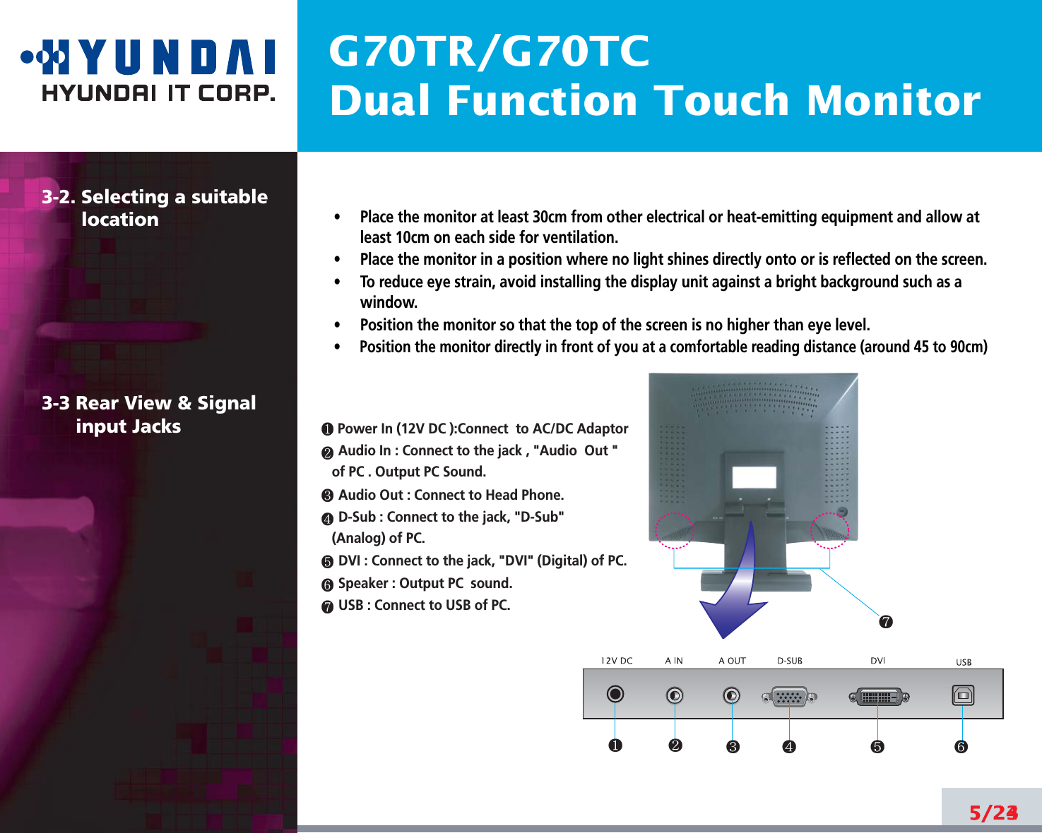 G70TR/G70TCDual Function Touch Monitor5/245/233-2. Selecting a suitablelocation3-3 Rear View &amp; Signalinput Jacks•     Place the monitor at least 30cm from other electrical or heat-emitting equipment and allow atleast 10cm on each side for ventilation.•     Place the monitor in a position where no light shines directly onto or is reflected on the screen.•     To reduce eye strain, avoid installing the display unit against a bright background such as awindow.•     Position the monitor so that the top of the screen is no higher than eye level.•   Position the monitor directly in front of you at a comfortable reading distance (around 45 to 90cm) Power In (12V DC ):Connect to AC/DC AdaptorAudio In : Connect to the jack , &quot;Audio  Out &quot; of PC . Output PC Sound.Audio Out : Connect to Head Phone.D-Sub : Connect to the jack, &quot;D-Sub&quot; (Analog) of PC.DVI : Connect to the jack, &quot;DVI&quot; (Digital) of PC.Speaker : Output PC  sound.USB : Connect to USB of PC.
