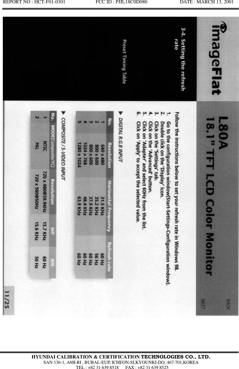 REPORT NO : HCT-F01-0301            FCC ID : PJIL18C0D080             DATE : MARCH 13, 2001  HYUNDAI CALIBRATION &amp; CERTIFICATION TECHNOLOGIES CO., LTD.  SAN 136-1, AMI-RI , BUBAL-EUP, ICHEON-SI,KYOUNKI-DO, 467-701,KOREA  TEL : +82 31 639 8518   FAX : +82 31 639 8525  