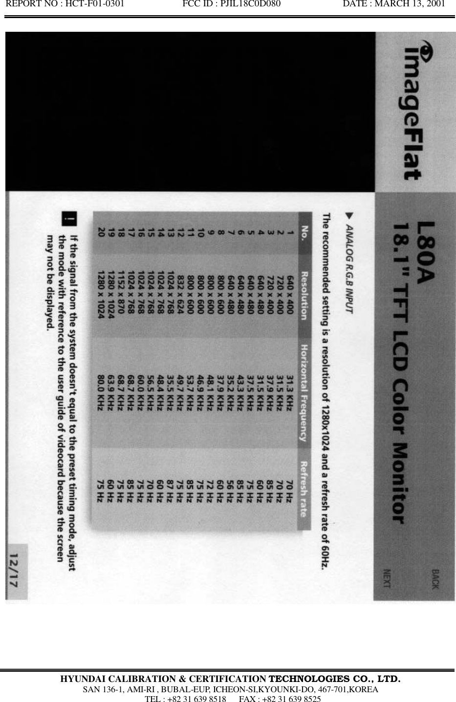 REPORT NO : HCT-F01-0301            FCC ID : PJIL18C0D080             DATE : MARCH 13, 2001  HYUNDAI CALIBRATION &amp; CERTIFICATION TECHNOLOGIES CO., LTD.  SAN 136-1, AMI-RI , BUBAL-EUP, ICHEON-SI,KYOUNKI-DO, 467-701,KOREA  TEL : +82 31 639 8518   FAX : +82 31 639 8525  