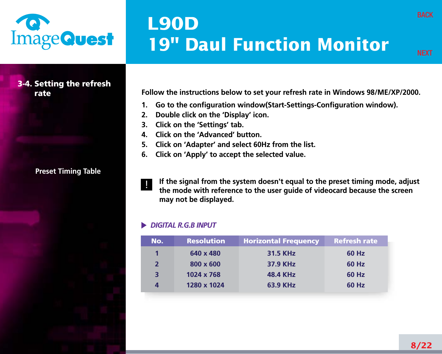L90D19&quot; Daul Function Monitor8/22BACKNEXT3-4. Setting the refreshratePreset Timing TableFollow the instructions below to set your refresh rate in Windows 98/ME/XP/2000.1.    Go to the configuration window(Start-Settings-Configuration window).2.    Double click on the ‘Display’ icon.3.    Click on the ‘Settings’ tab.4.    Click on the ‘Advanced’ button.5.    Click on ‘Adapter’ and select 60Hz from the list.6.    Click on ‘Apply’ to accept the selected value.If the signal from the system doesn&apos;t equal to the preset timing mode, adjustthe mode with reference to the user guide of videocard because the screenmay not be displayed.DIGITAL R.G.B INPUTNo.1234Resolution640 x 480800 x 6001024 x 7681280 x 1024Horizontal Frequency31.5 KHz37.9 KHz48.4 KHz63.9 KHzRefresh rate60 Hz60 Hz60 Hz60 Hz!