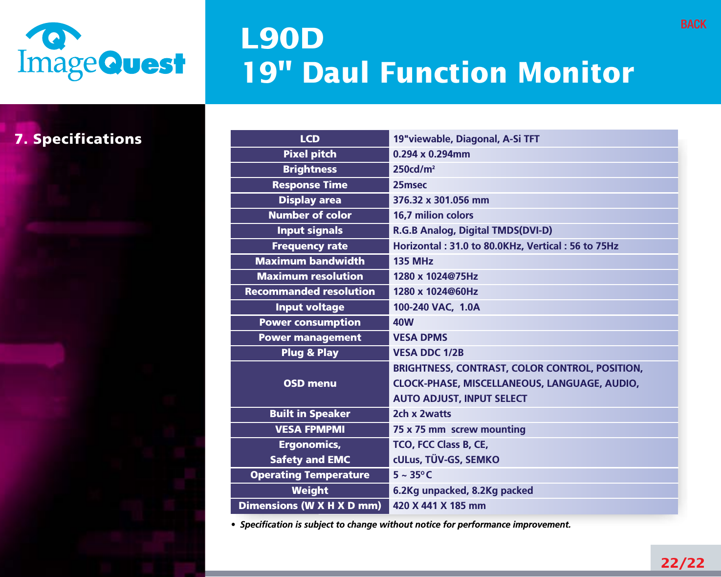 L90D19&quot; Daul Function Monitor22/22BACK19&quot;viewable, Diagonal, A-Si TFT0.294 x 0.294mm250cd/m225msec376.32 x 301.056 mm16,7 milion colorsR.G.B Analog, Digital TMDS(DVI-D)Horizontal : 31.0 to 80.0KHz, Vertical : 56 to 75Hz135 MHz1280 x 1024@75Hz 1280 x 1024@60Hz100-240 VAC,  1.0A40WVESA DPMSVESA DDC 1/2BBRIGHTNESS, CONTRAST, COLOR CONTROL, POSITION, CLOCK-PHASE, MISCELLANEOUS, LANGUAGE, AUDIO,AUTO ADJUST, INPUT SELECT2ch x 2watts75 x 75 mm  screw mountingTCO, FCC Class B, CE, cULus, TÜV-GS, SEMKO5 ~ 35O C6.2Kg unpacked, 8.2Kg packed420 X 441 X 185 mmLCDPixel pitchBrightnessResponse TimeDisplay areaNumber of colorInput signalsFrequency rateMaximum bandwidthMaximum resolutionRecommanded resolutionInput voltagePower consumptionPower managementPlug &amp; PlayOSD menuBuilt in SpeakerVESA FPMPMIErgonomics,Safety and EMCOperating TemperatureWeightDimensions (W X H X D mm)•  Specification is subject to change without notice for performance improvement.7. Specifications